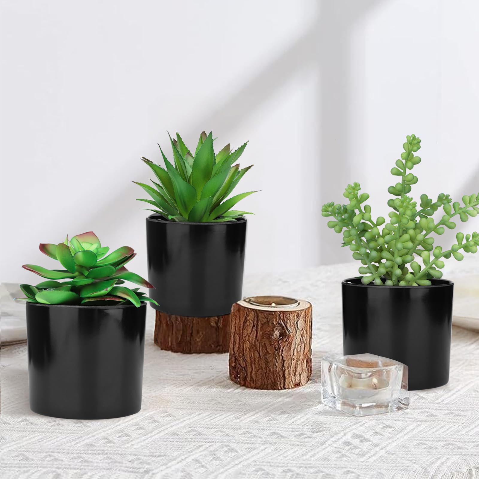 Hopewood Artificial Succulents - Set of 3 Realistic Faux Potted Plants in Black Pots for Home & Office Decor | Perfect for Bookshelves, Desks, Kitchen, Bathroom & Indoor Spaces