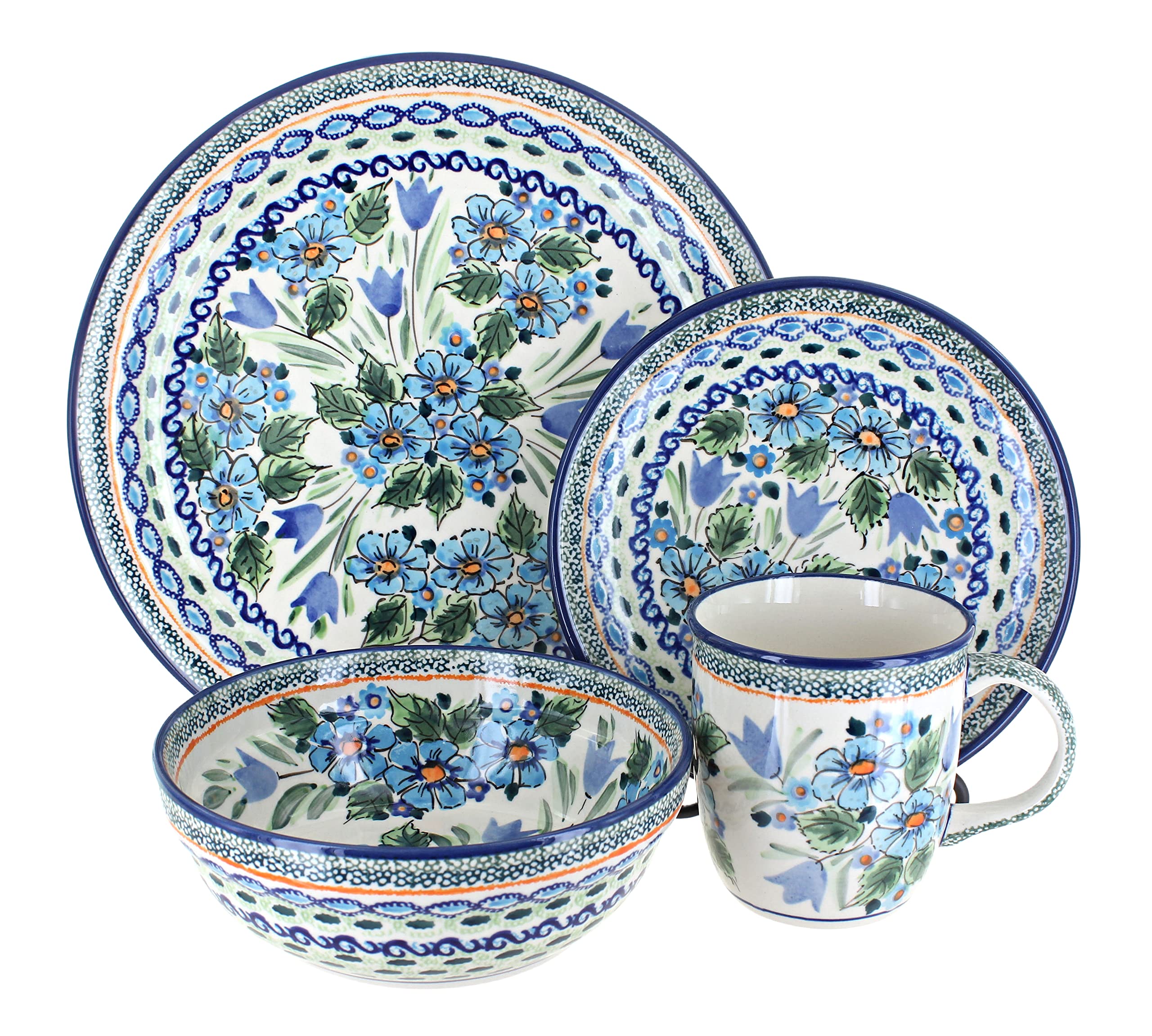 Blue Rose Polish Pottery Ballina 16-Piece Dinnerware Set - Elegant Dinner Plates, Bowls & Mugs - Perfect for Family Dinners, Holiday Entertaining & Restaurant Use