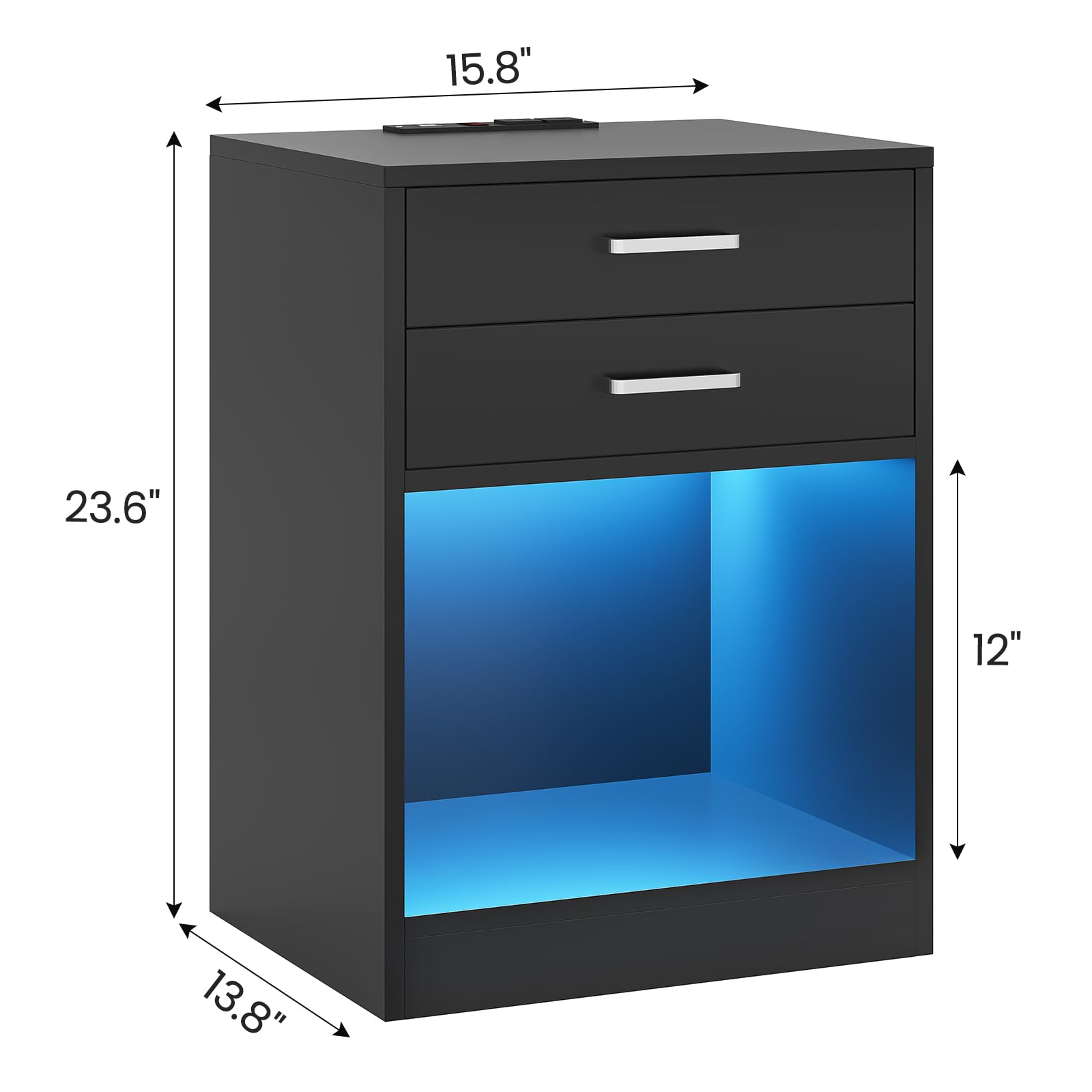 ADORNEVE Modern LED Nightstand Set of 2 - Bedside Tables with USB Charging Station, Power Outlets & Storage Drawers - Black Contemporary Bedroom Furniture for Home, Apartment, Dorm (Perfect for Reading, Phone Charging & Bedroom Organization)