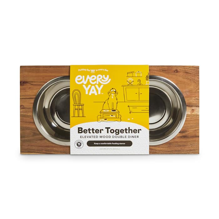 EveryYay Better Together Elevated Wood Double Diner with Stainless-Steel Bowls for Dogs - 4.6 Cups Capacity - Raised Dog Food Stand for Joint Health - Perfect for Medium to Large Breeds - Ideal for Indoor/Outdoor Use in Kitchen, Patio or Backyard