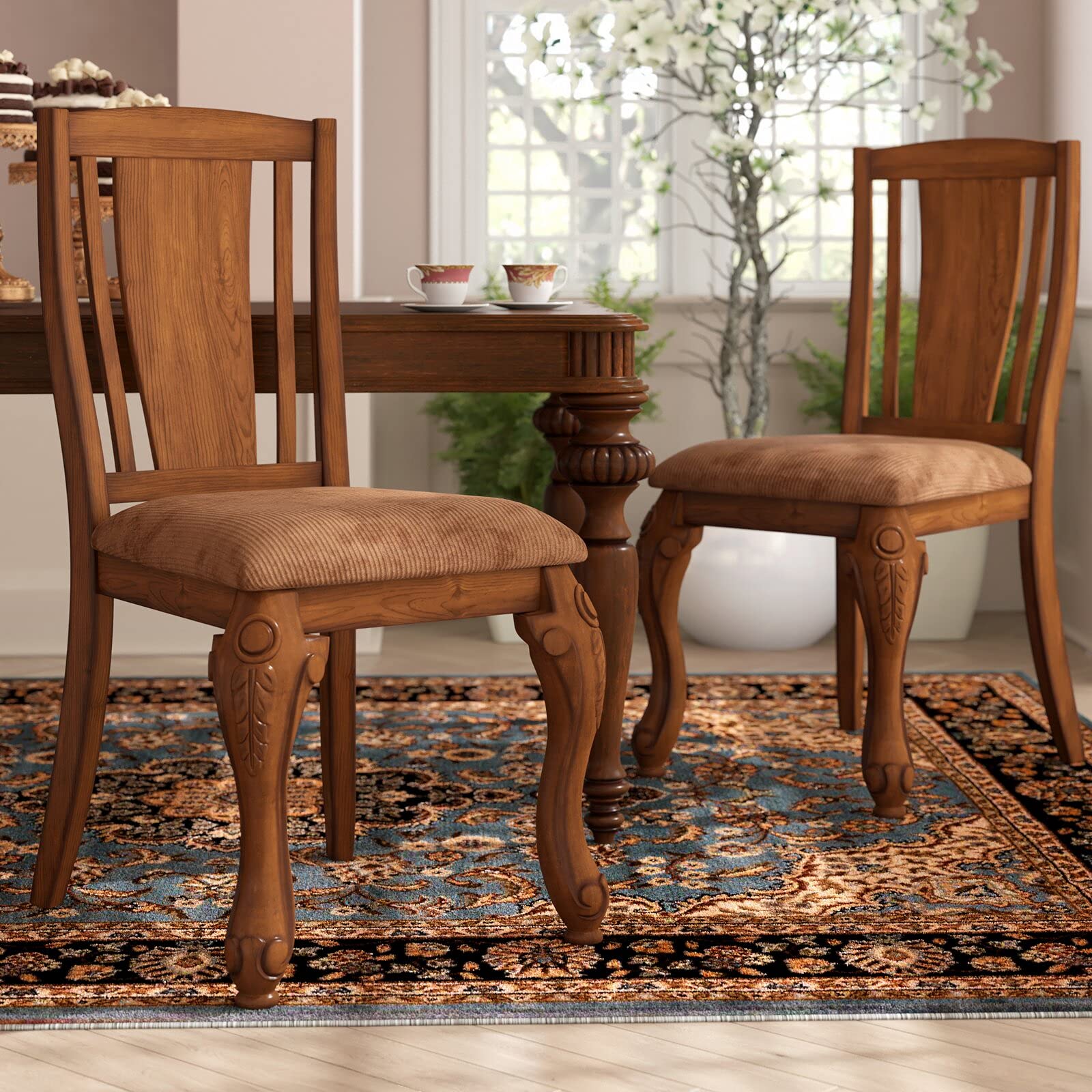 Dominey Upholstered Slat Back Side Chair - Brown Cherry/Brown Finish, Wide Splat Back Design, Polyester/Polyester Blend Fabric - Perfect for Dining Rooms, Home Offices, and Kitchen Breakfast Nooks