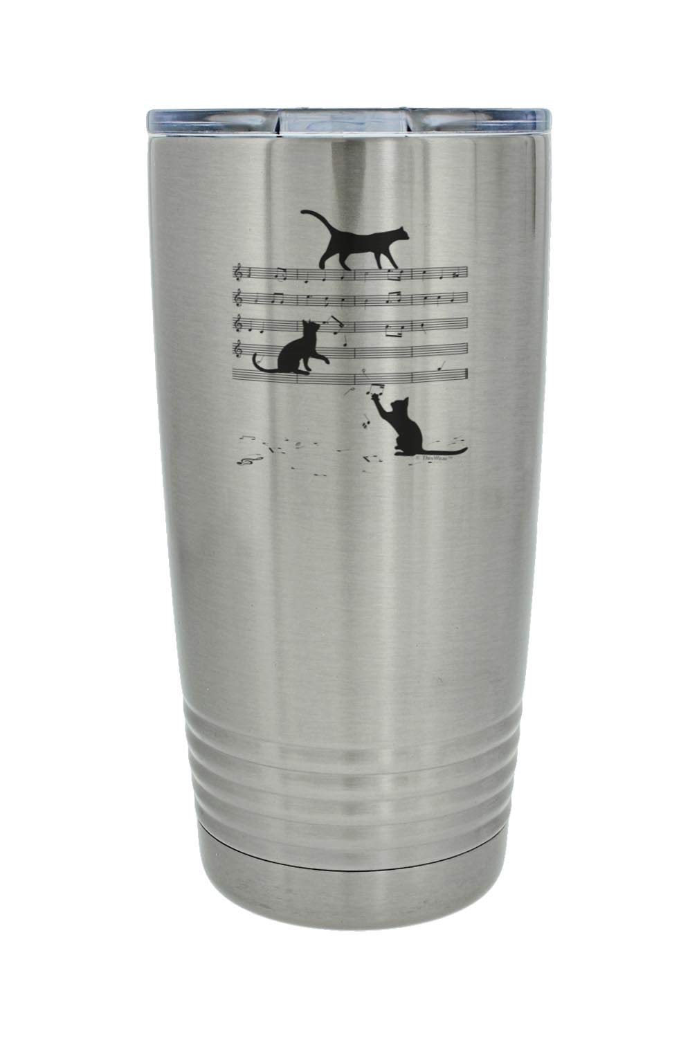 20oz Stainless Steel Insulated Travel Mug with Lid - Silver Music Lover Design Featuring Cats & Music Staffs | Perfect Gift for Musicians, Coffee & Tea Drinkers | Keeps Beverages Hot/Cold for Hours
