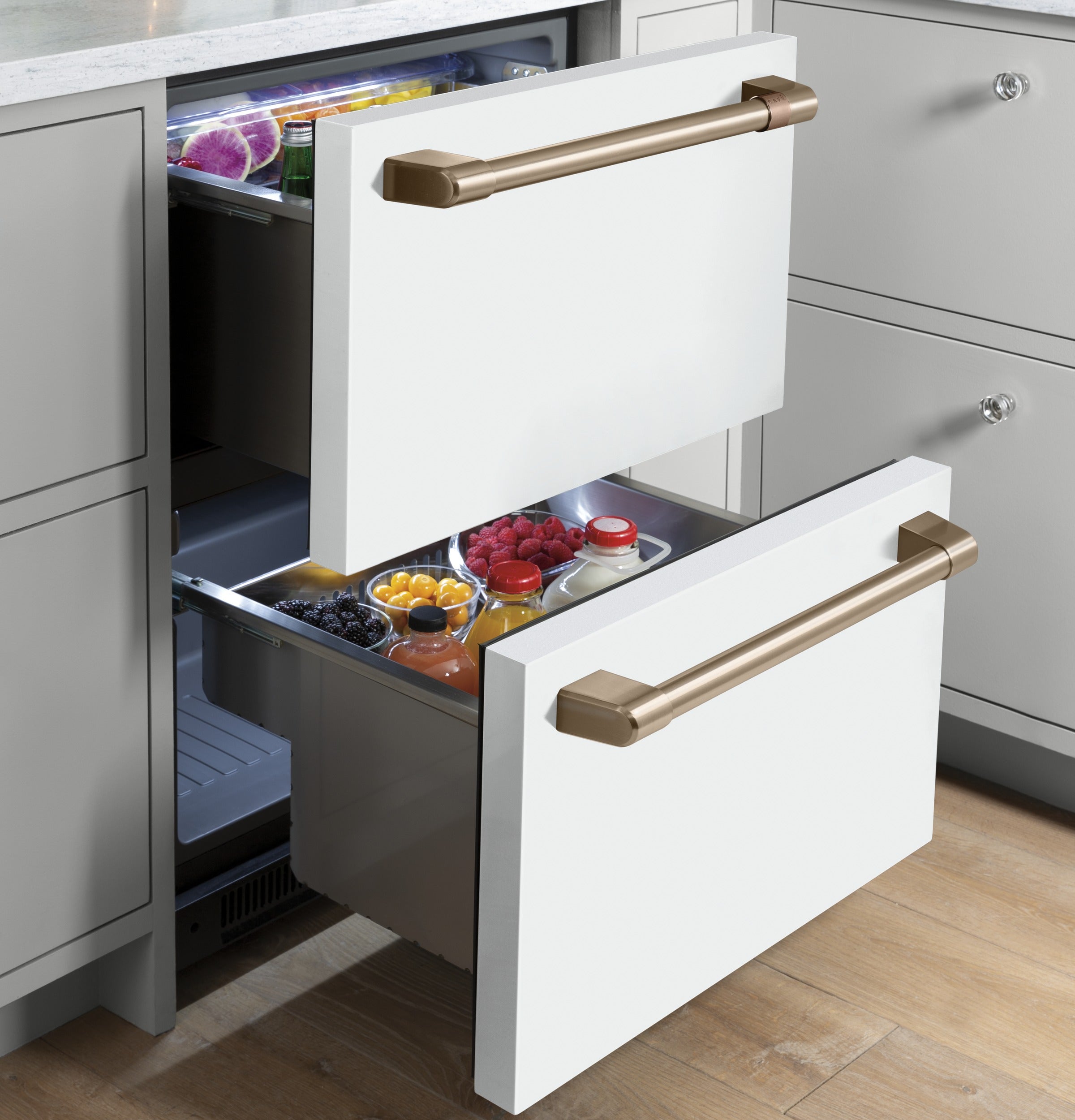 Café Matte White Built-In Dual Drawer Refrigerator - 5.7 Cu.Ft Counter Depth French Door Fridge (Model CDE06RP4NW2) | Perfect for Kitchens, Home Bars & Entertaining Spaces