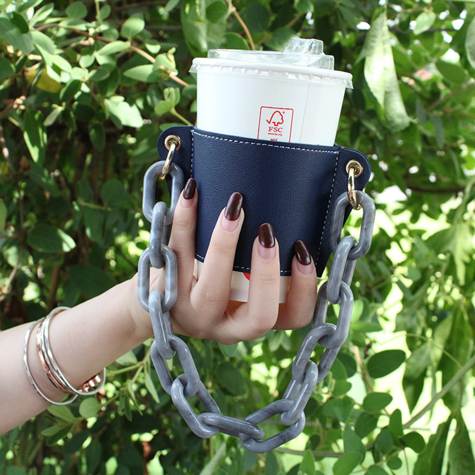 Premium Leather Travel Mug Holder with Detachable Metal Chain - Insulated Reusable Coffee Cup Sleeve for Hot & Cold Drinks - Perfect for Commuting, Office & Outdoor Activities (Dark Blue)