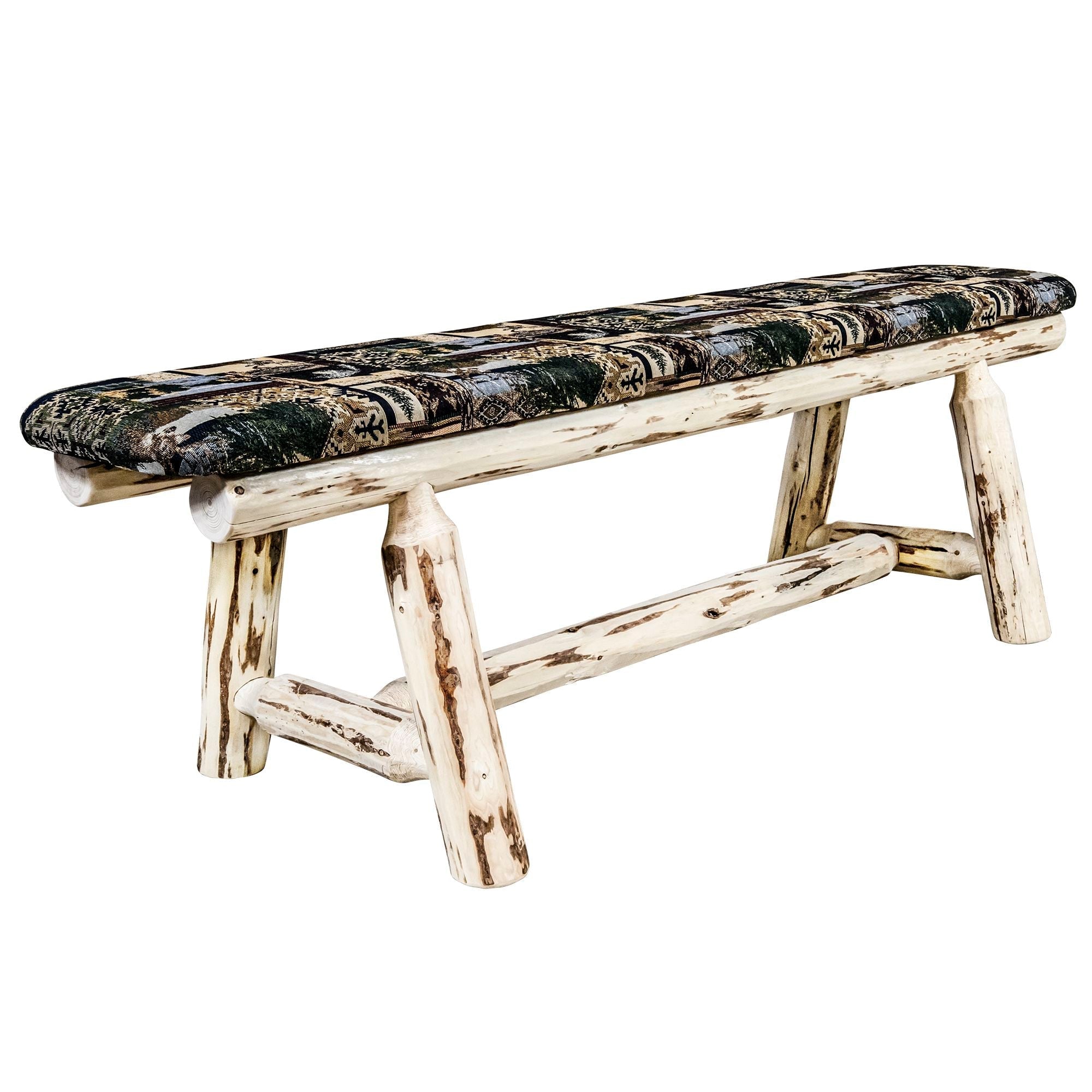 5FT Montana Plank Style Bench with Woodland Upholstery - Rustic Wooden Entryway Bench for Living Room, Bedroom & Outdoor Patio Seating