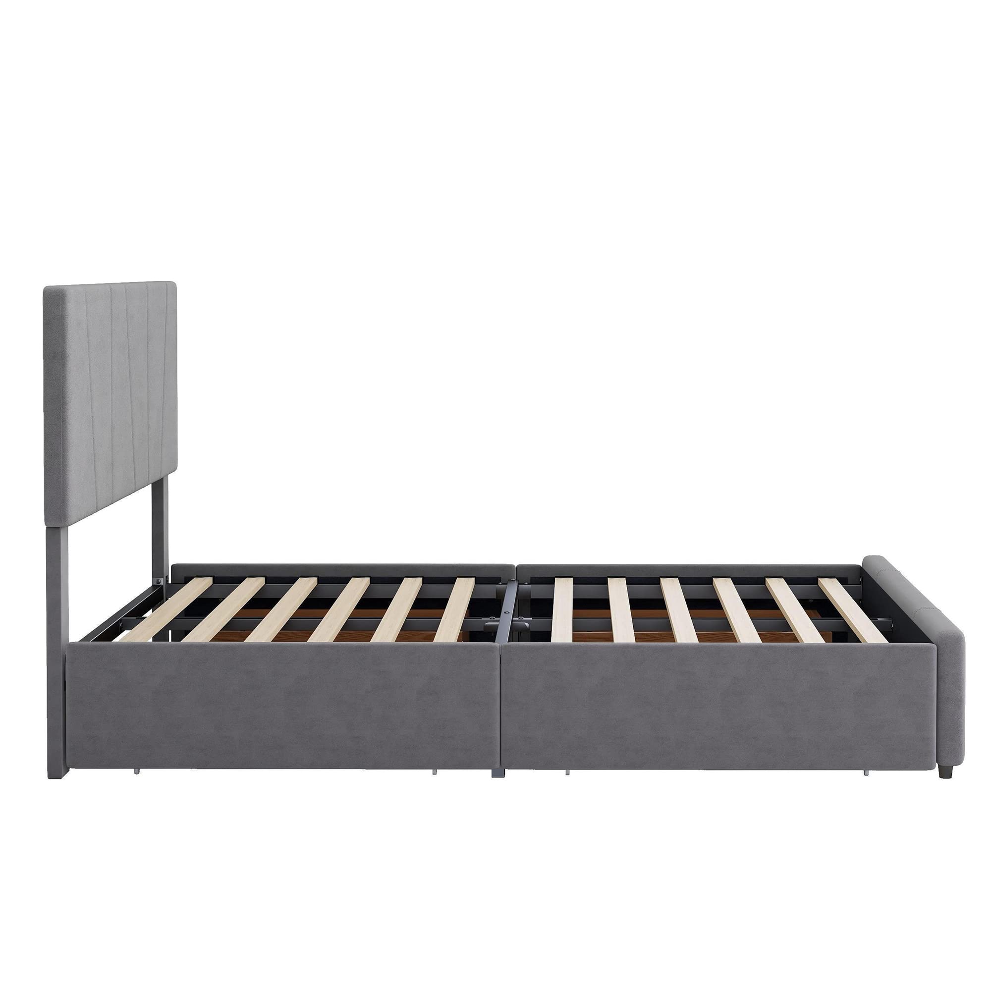 JULYFOX Full Size Velvet Upholstered Bed Frame with Tufted Headboard & 4 Storage Drawers - Heavy Duty 500 lbs Capacity, No Box Spring Needed (Gray) - Perfect for Small Bedrooms, Guest Rooms & Modern Apartments