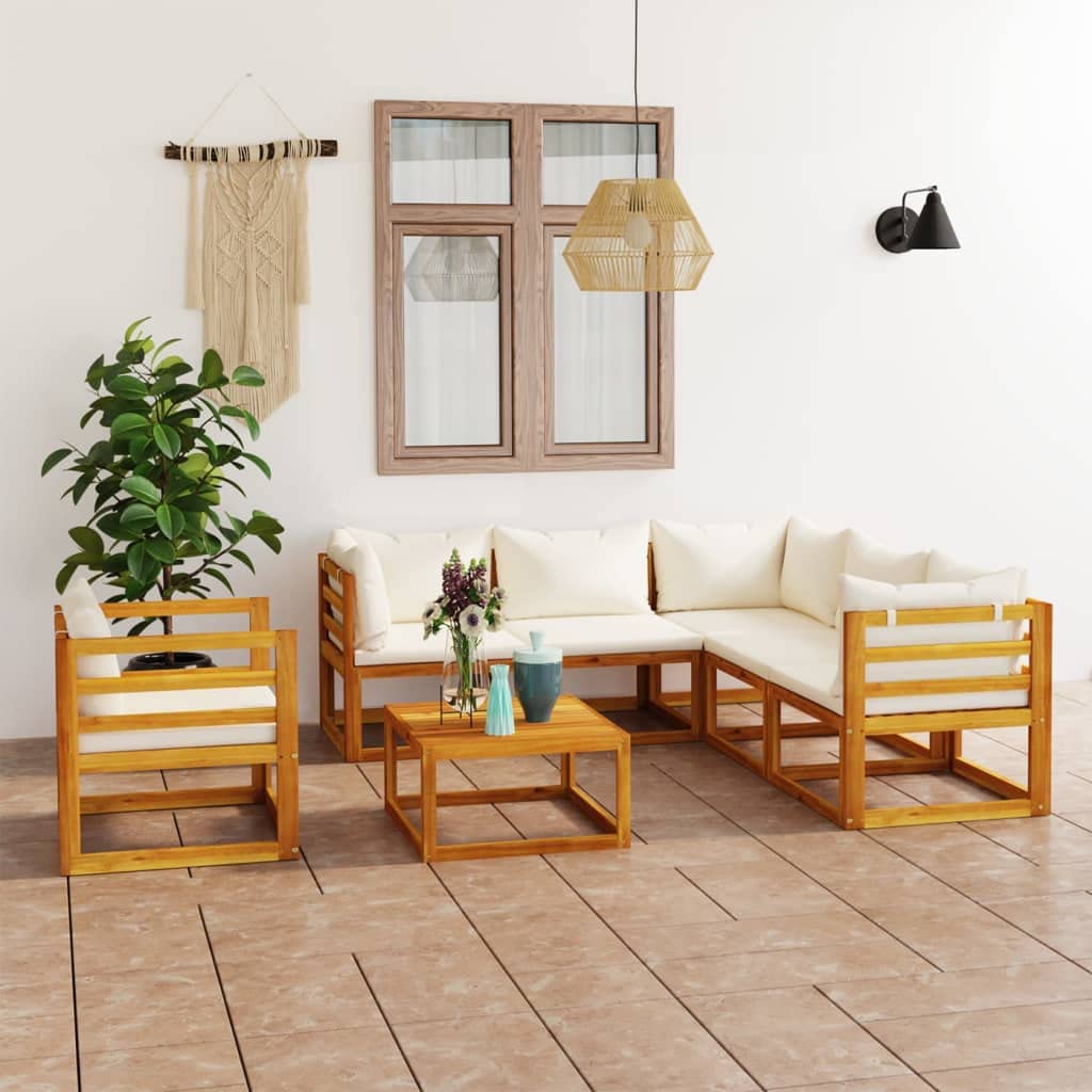 7-Piece VidaXL Patio Lounge Set - Modern Cream Acacia Wood Outdoor Sectional Sofa with Cushions & Coffee Table for Garden, Backyard, Poolside Relaxation