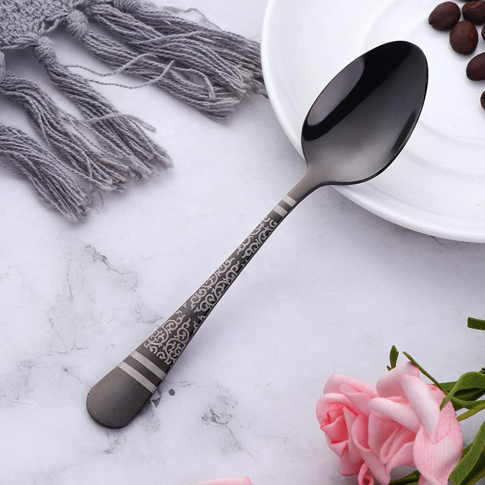 Premium Stainless Steel Espresso Spoons Set of 6 - 5.5 Inch Mini Coffee Spoons with Unique Black Pattern Design, Elegant Silverware for Demitasse, Dessert & Tea - Perfect for Coffee Shops, Home Use & Gift Giving