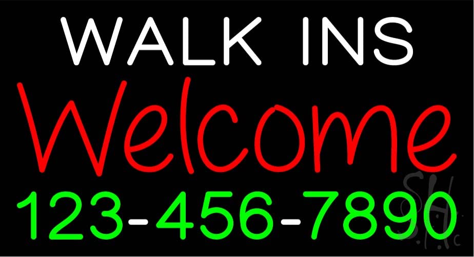Red Walk Ins Welcome with Phone Number LED Neon Sign 13x24 Inches - Black Square Cut Acrylic Backing with Dimmer - Bright Premium Indoor LED Neon Light for Salon, Bar, Restaurant & Retail Store Decor