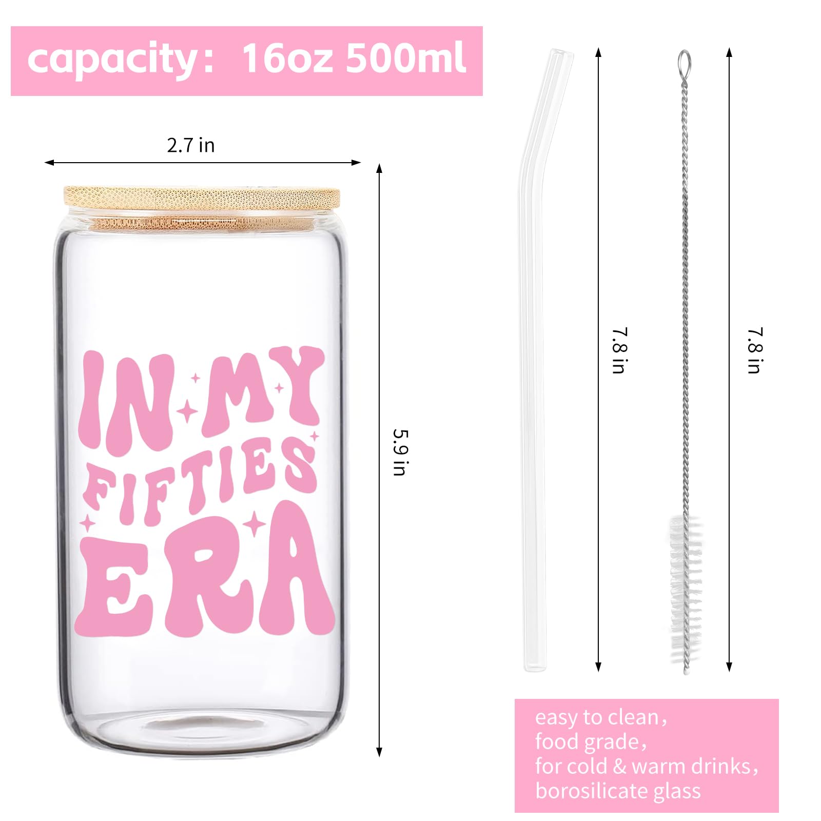 50th Birthday Gifts for Women - 16oz In My FIFTIES Era Glass Coffee Cup - Unique Birthday Gift Idea for Mom, Friends & Coworkers - Perfect for Coffee, Tea & Office Use (50th Cup)