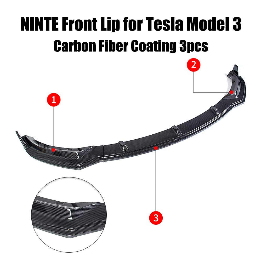 NINTE ABS Painted Carbon Fiber Front Bumper Lip Spoiler for 2016-2022 Tesla Model 3 (3-Piece Set) - Enhance Style & Aerodynamics for Sporty Look