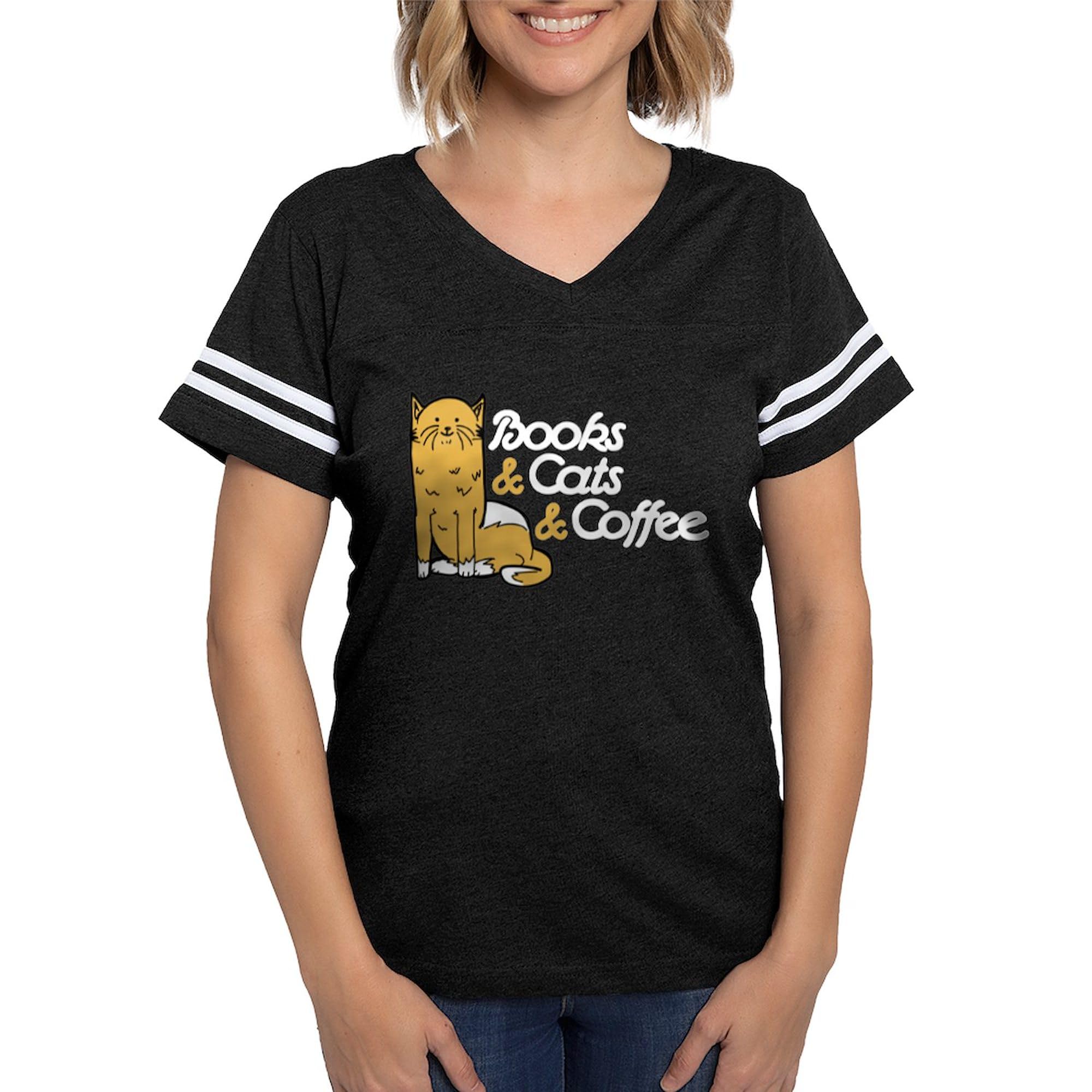 Books & Cats & Coffee Women's Football T-Shirt - Funny Graphic Tee for Book Lovers & Cat Fans - Perfect for Game Day, Casual Wear & Coffee Dates