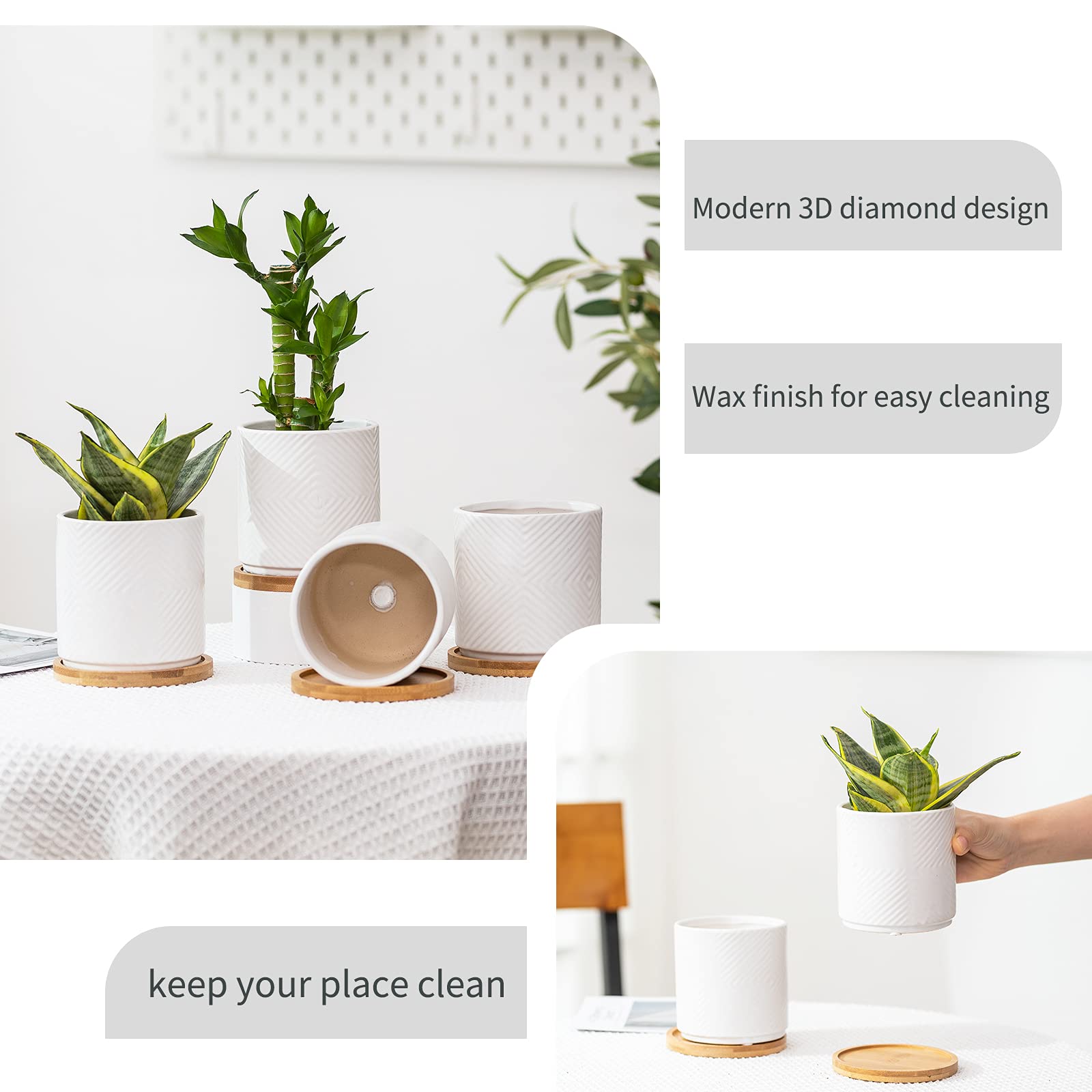 4 Inch Ceramic Succulent Planter with Drainage Hole & Saucer - Modern Geometric Design Flower Pot for Snake Plants, Cactus, Herbs - Indoor & Outdoor Use - Set of 4 (Plants Not Included) - Perfect for Home Decor, Office Desk, Garden & Patio