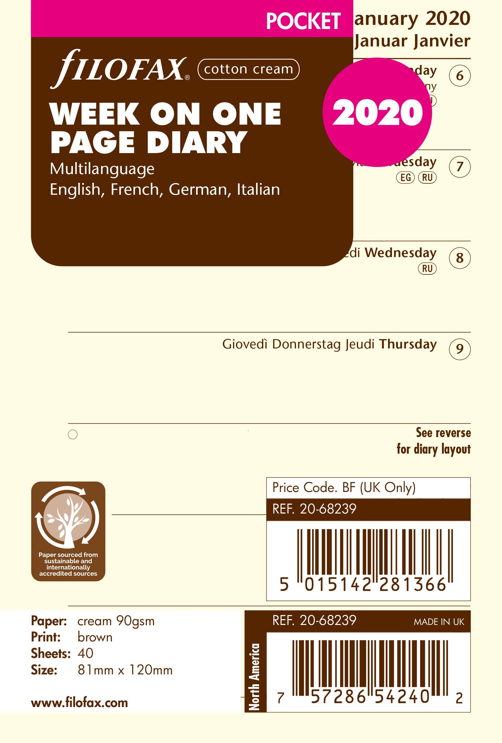 Filofax Pocket Calendar Insert - Week on 1 Page, Cotton Cream Paper, Multilingual (2020) | Perfect for Personal Organizers, Planners & Productivity Tracking