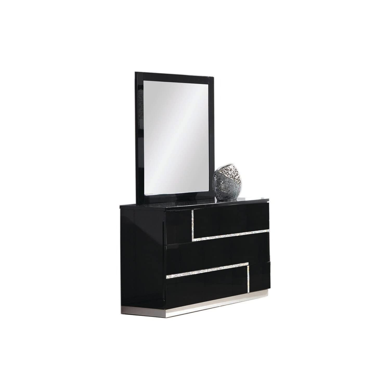 Best Master Barcelona Poplar Wood Dresser and Mirror Set in Black High Gloss - Modern Bedroom Furniture for Home Decor & Organization