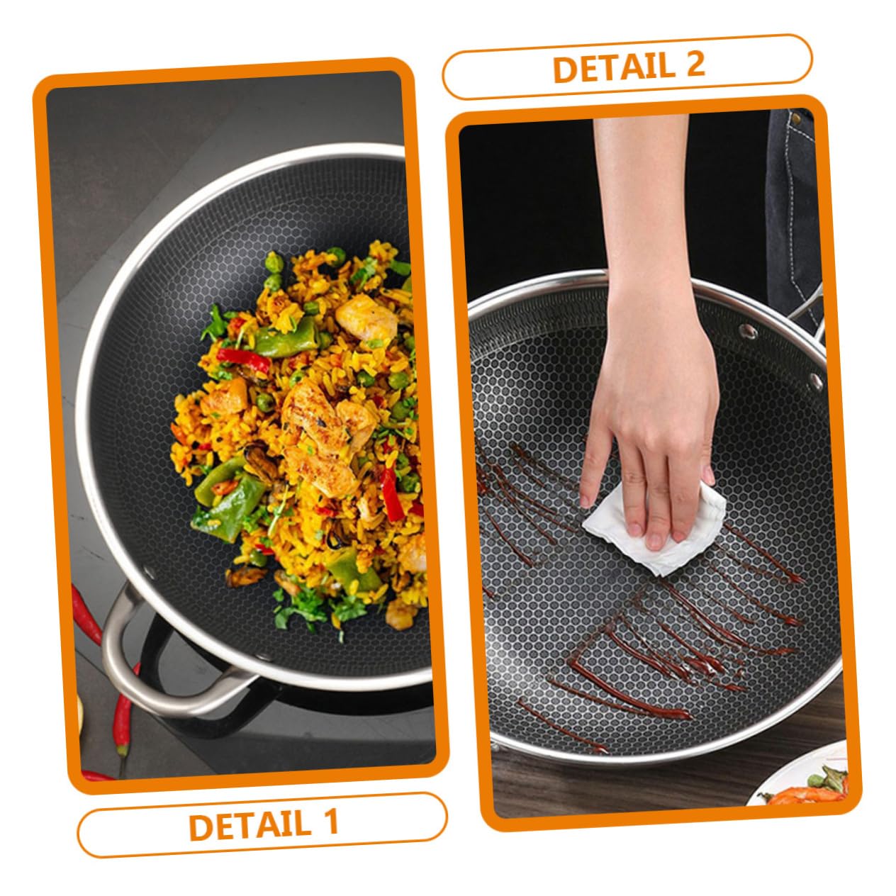 DECHOUS 34cm Stainless Steel Honeycomb Grain Nonstick Wok Pan - Induction, Electric & Gas Stove Safe - Easy Clean BBQ & Stir Fry Cooking Pan for Home Kitchen