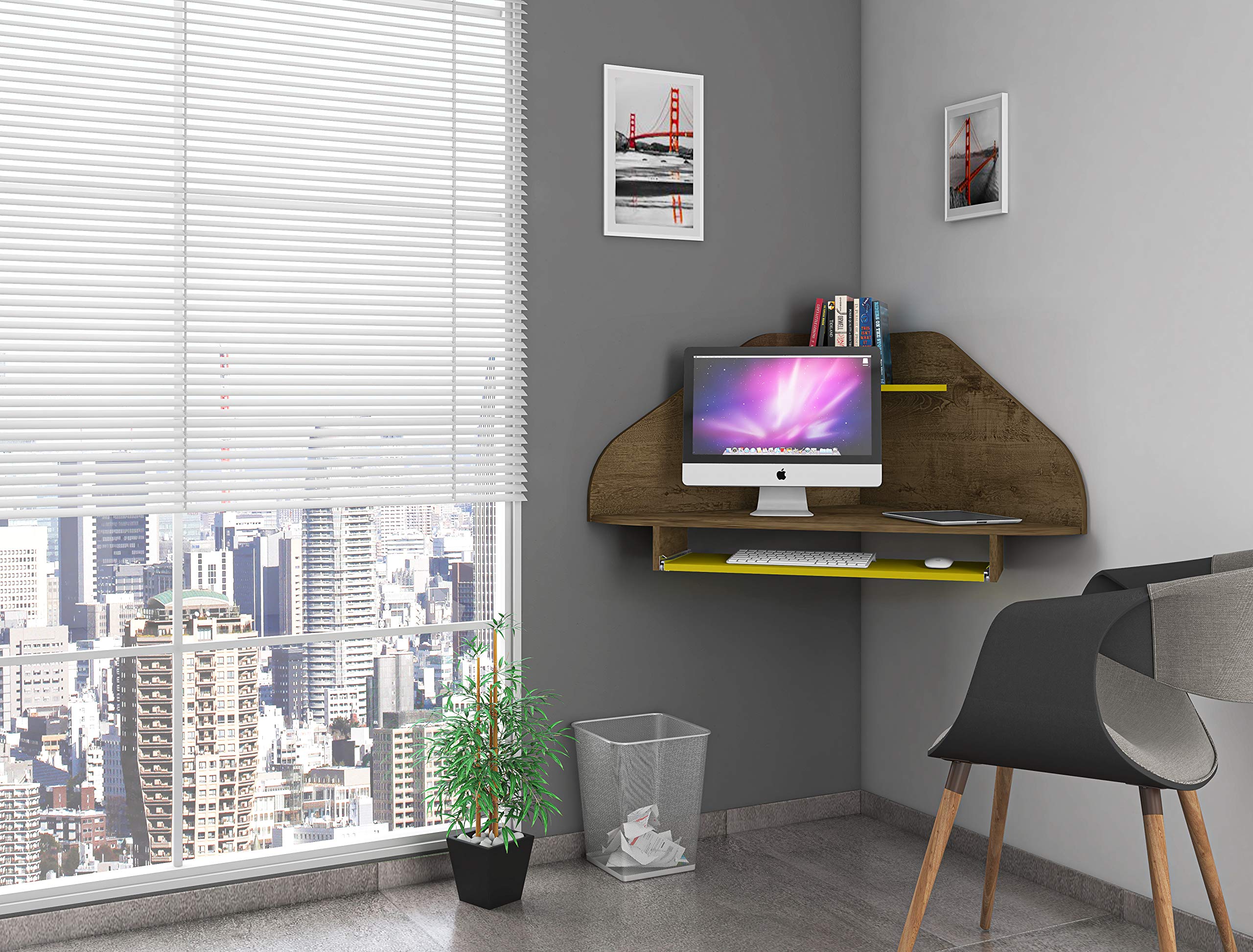 Bradley Corner Desk for Small Spaces with Overhead Shelf & Keyboard Drawer | Mid Century Modern Study Desk with Wire Management | Rustic Brown/Yellow | Perfect for Home Office, Dorm Room & Apartment Workspaces