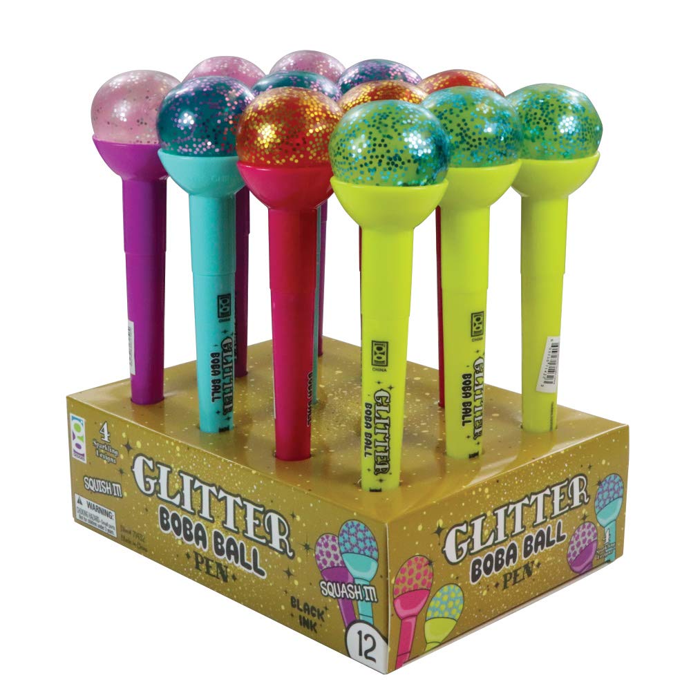 Raymond Geddes Glitter Boba Squishy Top Pens - Pack of 12 Colorful Fun Writing Pens for School, Office & Note Taking - Perfect Stress Relief Fidget Toy for Kids & Adults