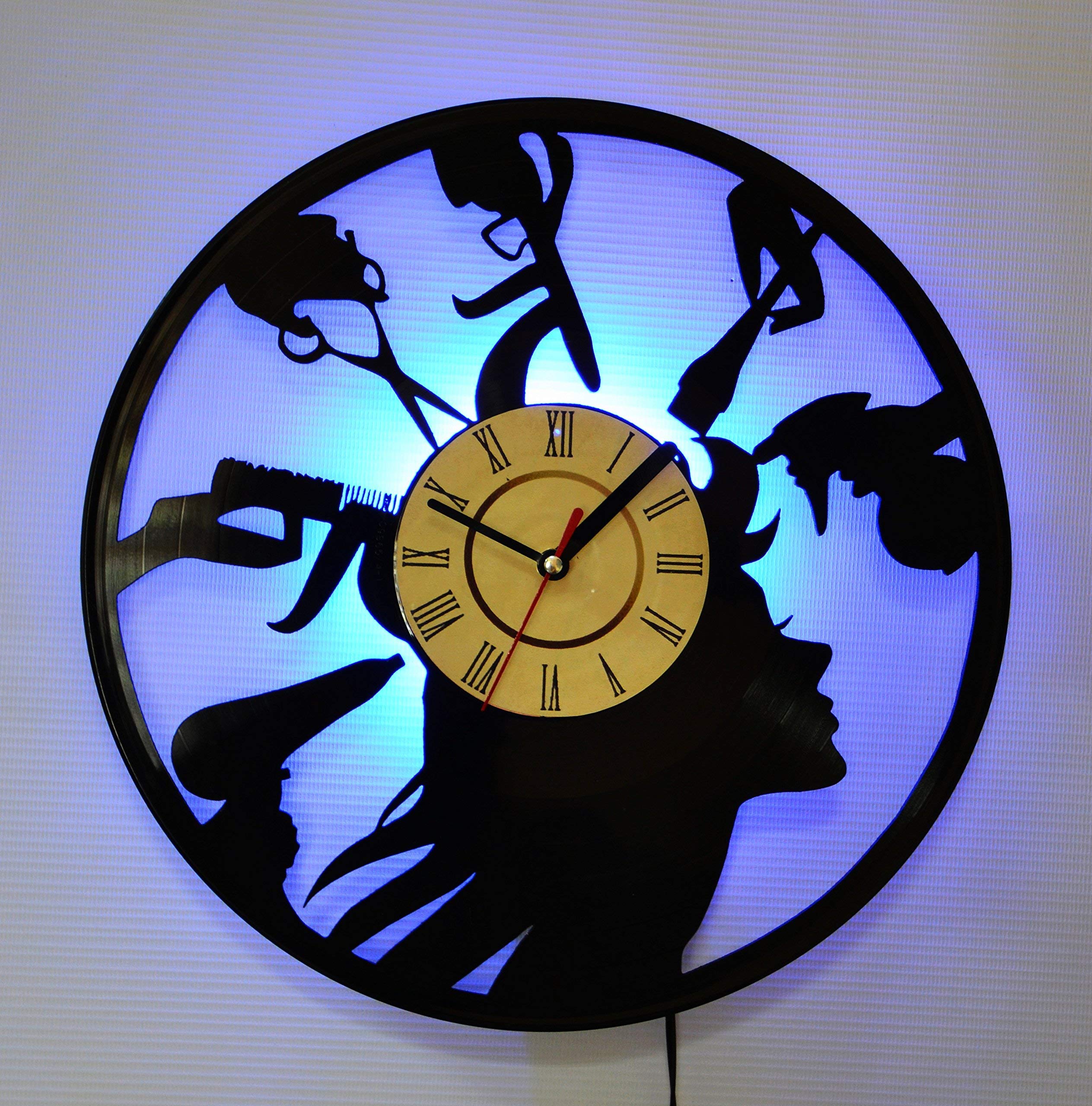 Stylish LED Backlit Wall Clock for Barber Shop & Home Decor - Vinyl Record Design with Blue Night Light, Perfect for Living Room, Bedroom, or Man Cave Atmosphere