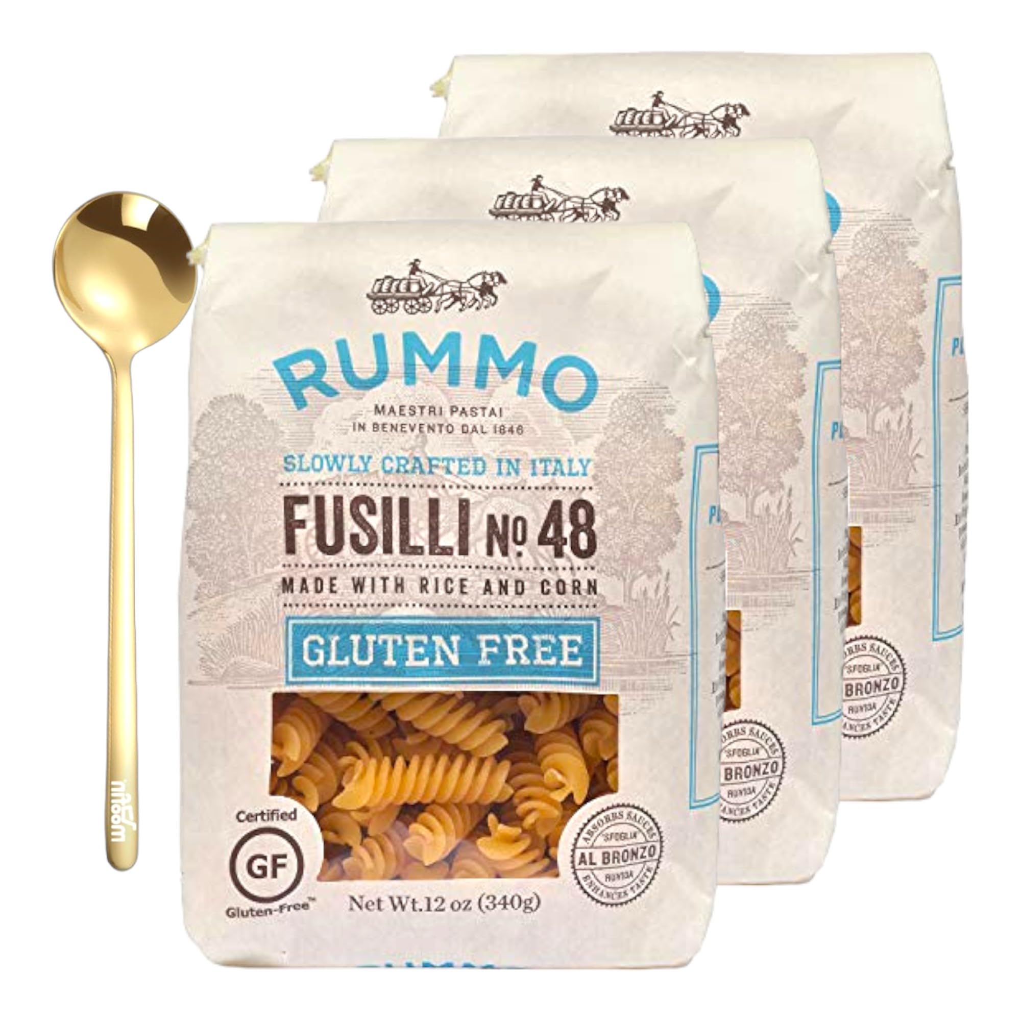 Rummo Gluten-Free Italian Pasta Fusilli No.48 | 11.7 Oz Corn & Rice Spiral Noodles | Authentic Taste | Bundle with Golden SS Spoon | Certified Non-GMO | Perfect for Vegan, Keto & Celiac Diets | Great for Pasta Salads, Casseroles & Family Dinners [Pack of 3]