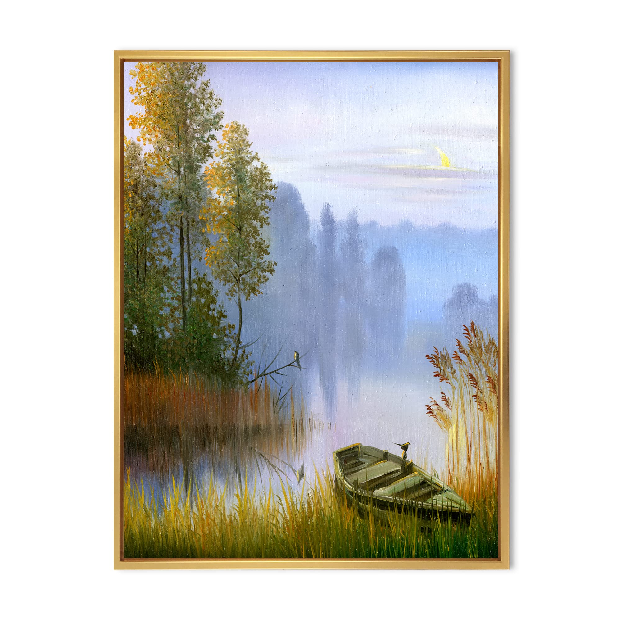 Traditional Framed Canvas Wall Art Print - Lakeside Boat Landscape Painting for Living Room, Bedroom & Office Decor
