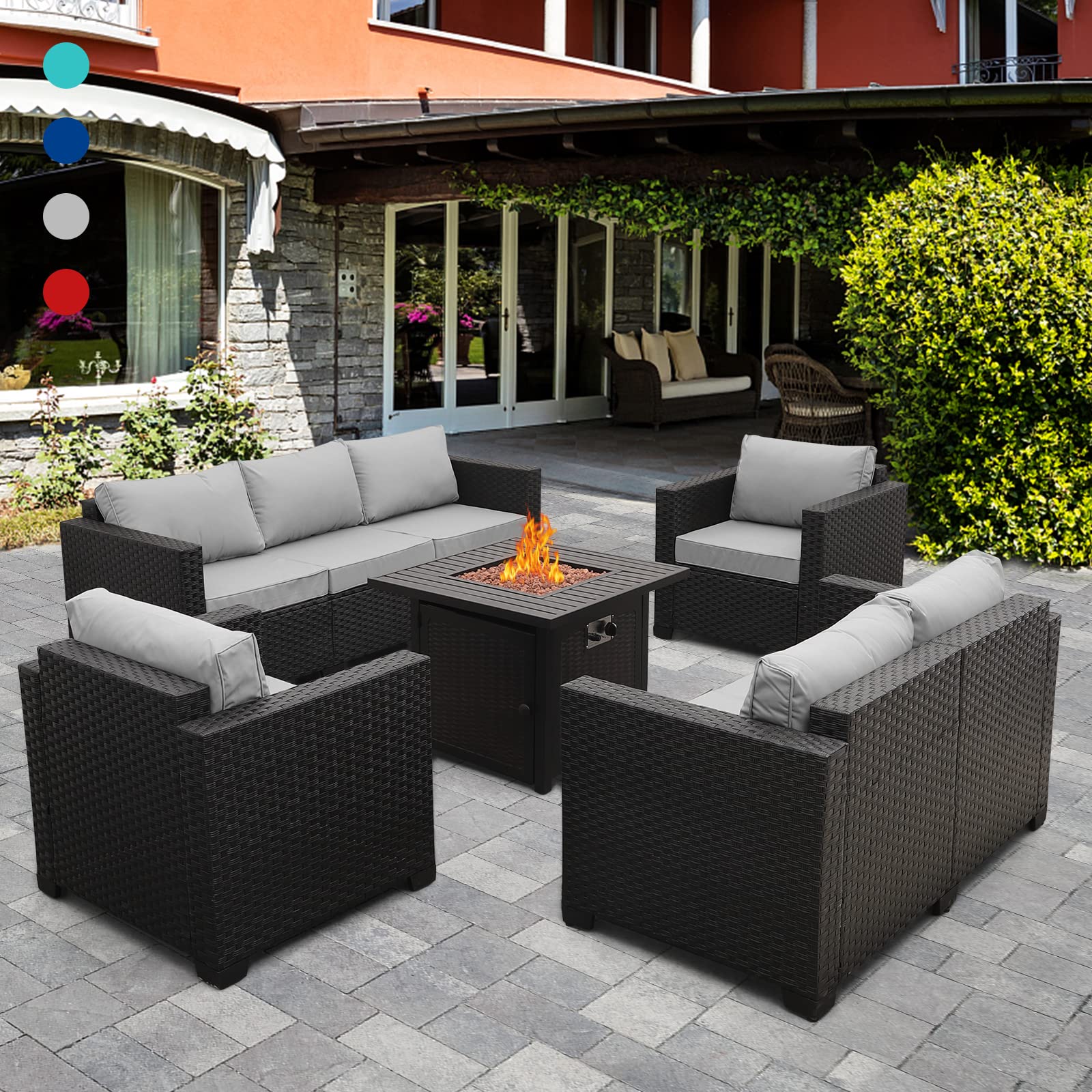 5-Piece Outdoor Patio Furniture Set with Sectional Sofa, 50,000 BTU Propane Gas Fire Pit, Wicker & Steel Table, Non-Slip Cushions & Covers - Perfect for Backyard, Garden, and Poolside Relaxation (Grey)