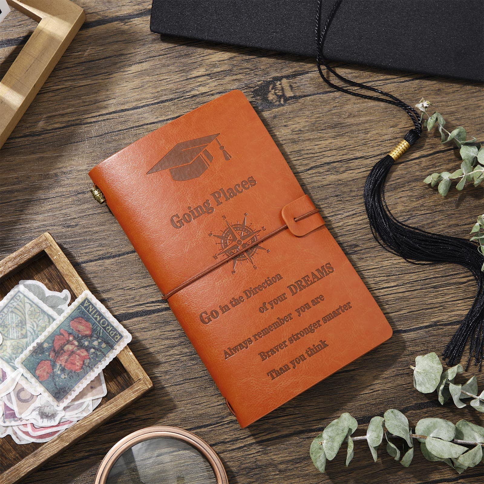 Premium Leather Writing Journal for Graduation - Inspirational Gift for College & High School Graduates, 120-Page Compass Design Travel Notebook - Perfect for Journaling, Travel & Dream Planning (Stylish Retro Style)