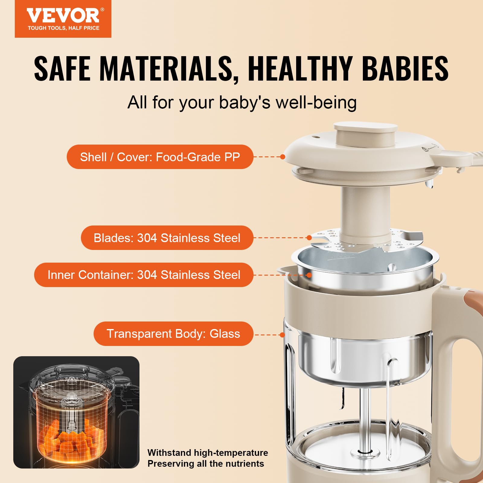 VEVOR 500W Baby Food Maker & Processor with 300ml Glass Bowl - 4-Blade Stainless Steel Puree Blender, Steamer & Grinder for Fruits, Vegetables & Meat | Perfect for Homemade Baby Food Prep & Healthy Toddler Meals | Beige