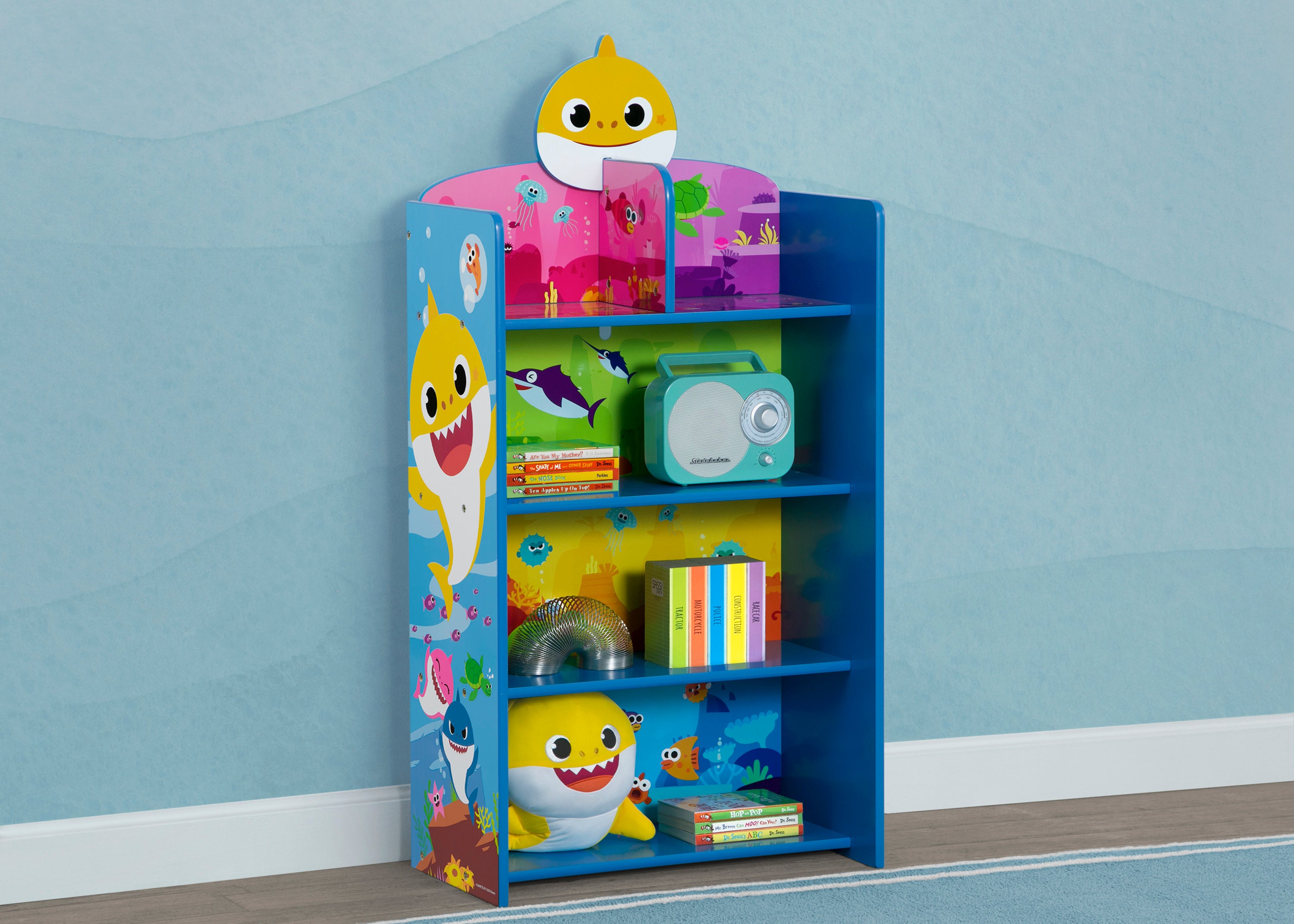 Baby Shark Wooden Playhouse 4-Shelf Bookcase for Kids - Nursery Bookshelf & Toy Storage Organizer for Toddlers' Bedroom & Playroom Decor