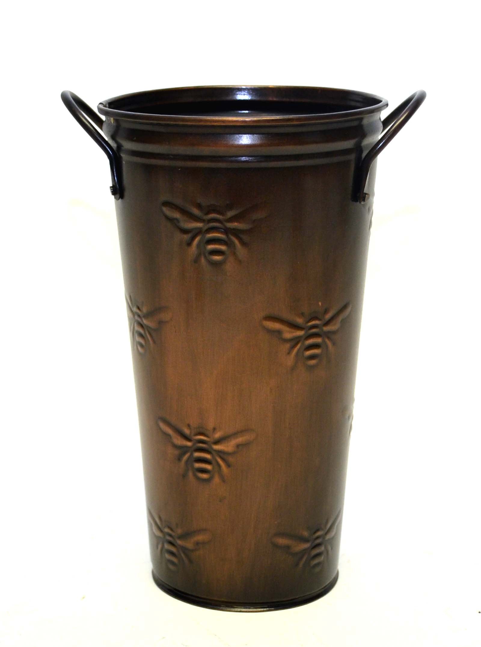 French Flower Bucket with Bumble Bee Pattern - 10 Inch Tall Copperized Tin Vase for Home Decor, Wedding Centerpiece & Farmhouse Style Arrangements