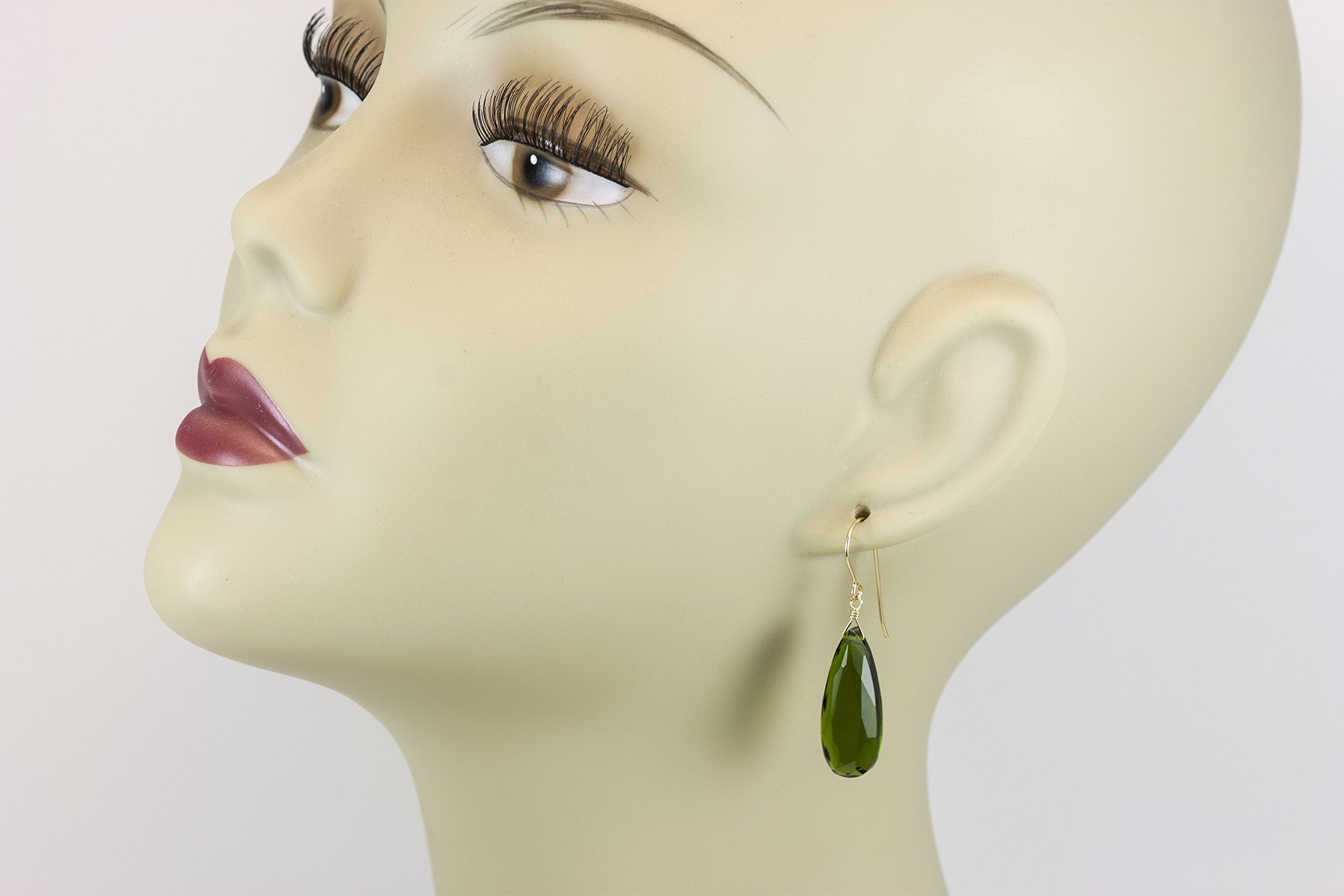 Green Olive Simulated Quartz Earrings - Faceted Teardrop Dangle Earrings 1.7