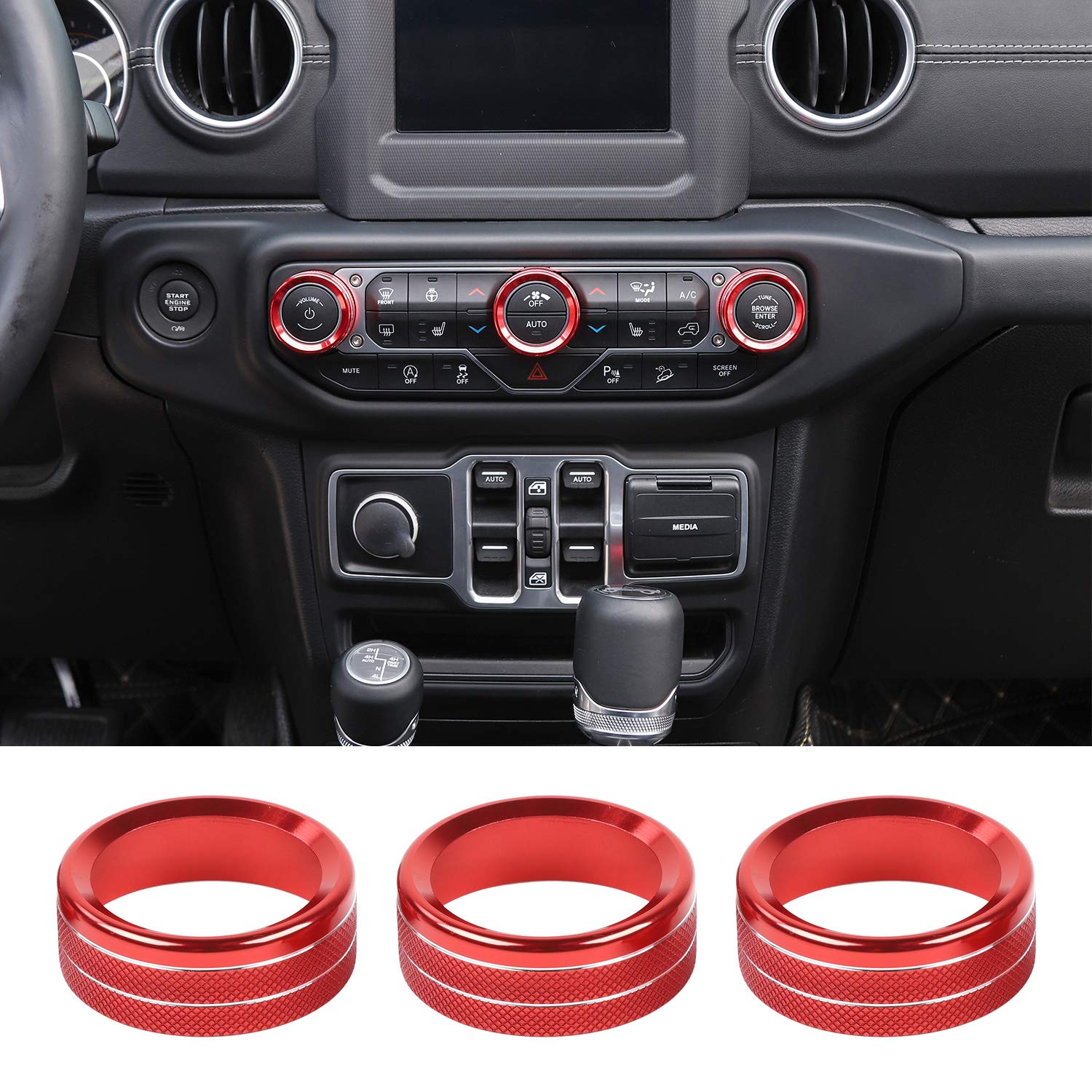 JeCar Aluminum Alloy AC Switch Knob Cover for 2018-2023 Jeep Wrangler JL/JLU & 2020-2023 Gladiator JT - Red Trim Upgrade for Climate Control Panel | Off-Road Accessory & Interior Customization