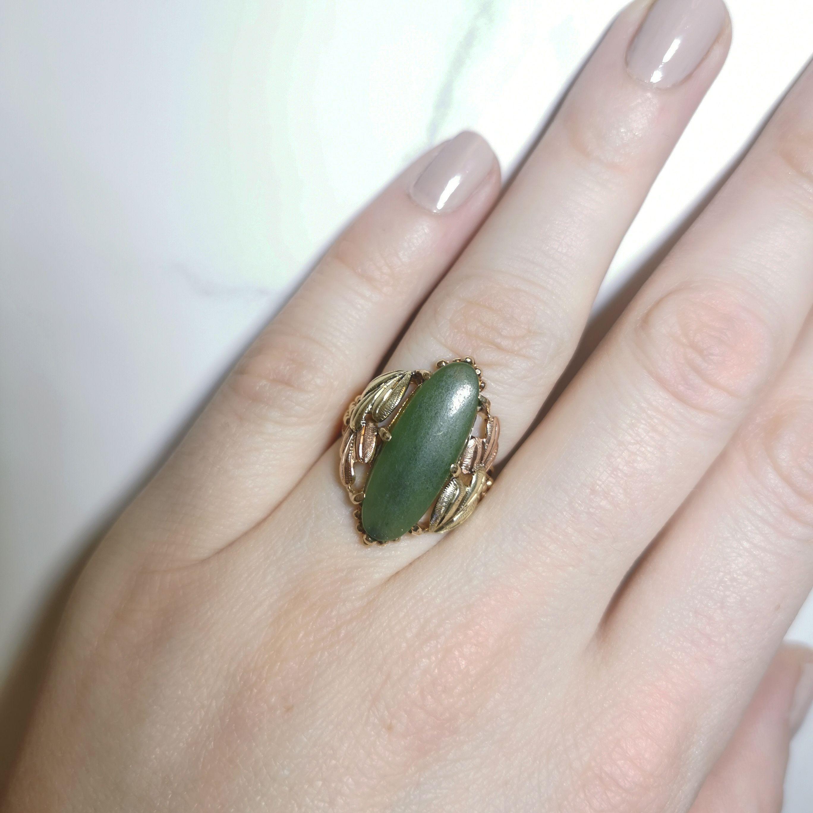 Natural Nephrite Jade Grape Leaf Ring - 5.00 Carat Green Gemstone Jewelry - Size 6 - Elegant Handmade Statement Ring for Women - Perfect for Weddings, Parties & Special Occasions