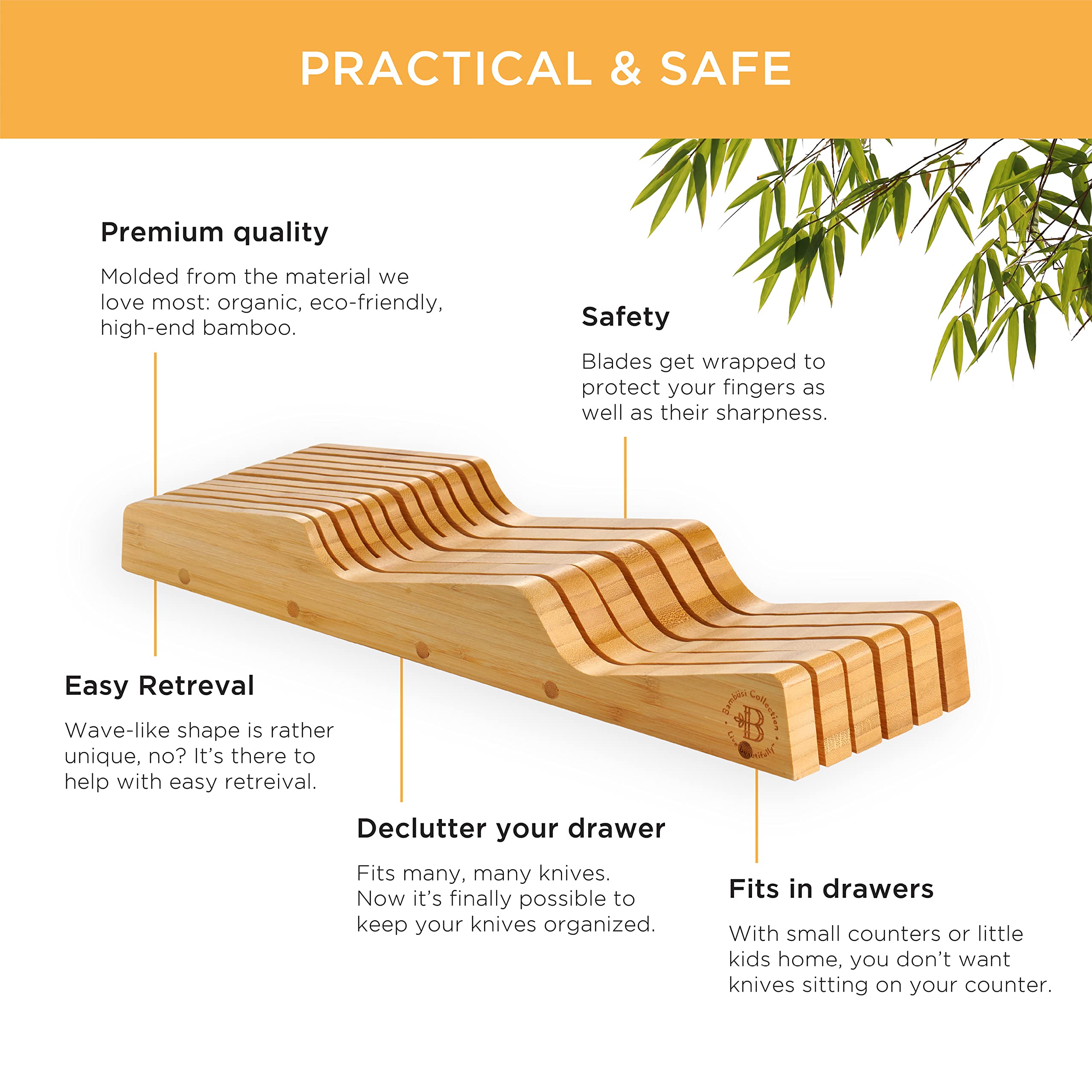 Bambüsi In-Drawer Knife Organizer - Premium Bamboo Knife Block for Kitchen Drawers - Holds 5 Chef Knives & 6 Steak Knives - Safe Downward Blade Storage - Wooden Knife Holder (Knives Not Included) - Perfect for Home Chefs & Organized Kitchens
