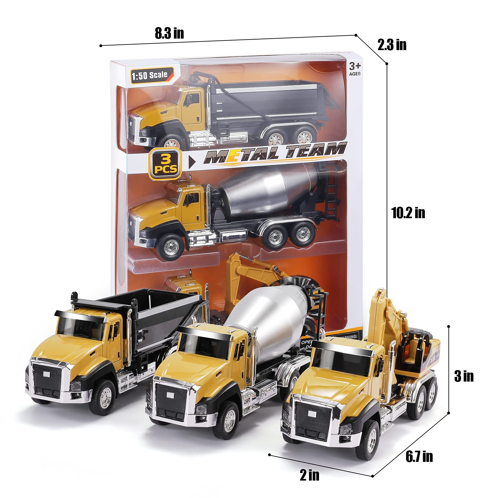 TEMI 3-Pack Diecast Construction Vehicles Set - 1/50 Scale Metal Dump Truck, Excavator & Cement Mixer Toy Cars with Pull Back Action & Opening Doors | Collectible Model for Kids & Adults | Perfect for Playtime, Birthday Gifts & Construction Theme Decor