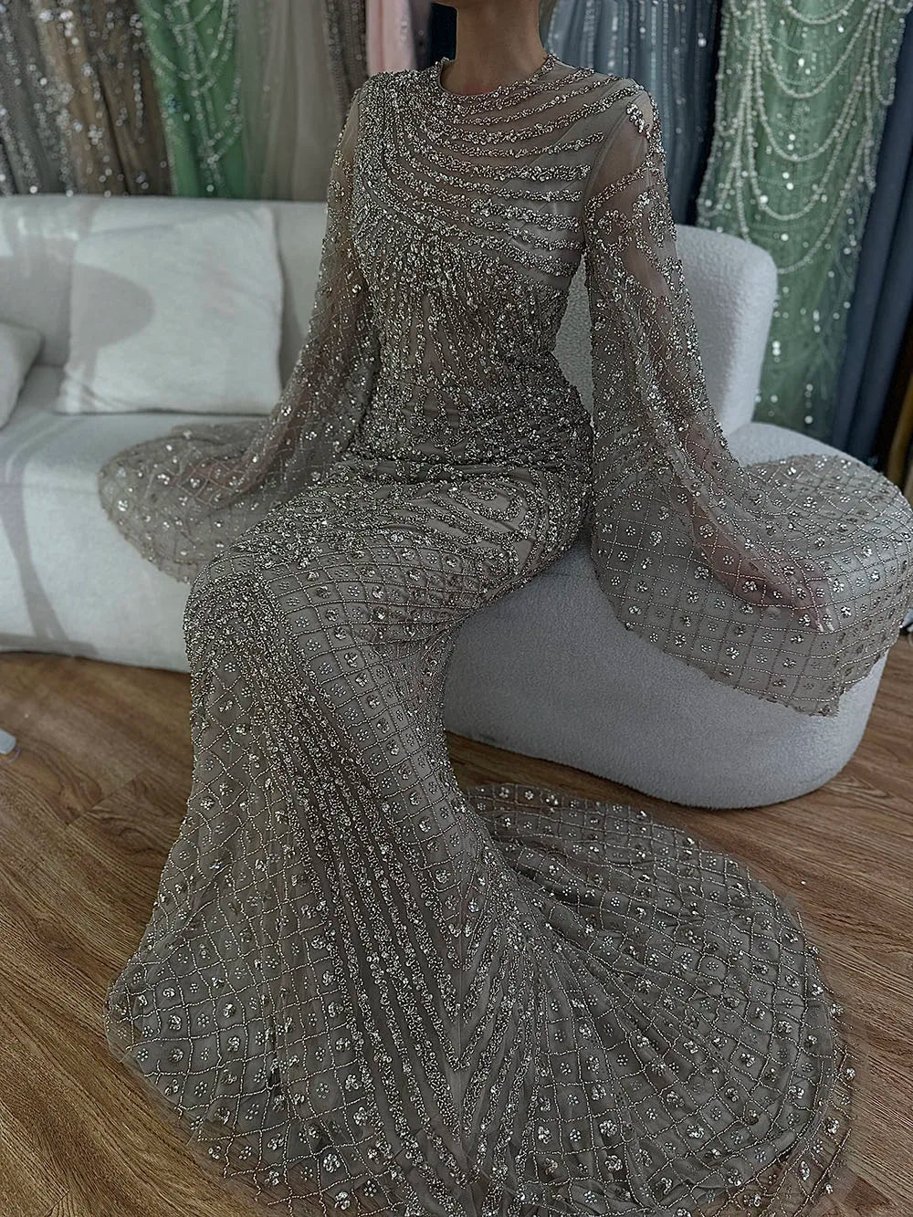 Luxury Dubai Flared Sleeves Caramel Beaded Saudi Arabic Mermaid Evening Dress Gown for Women - Formal Occasion Wedding Party Prom Night LA72771