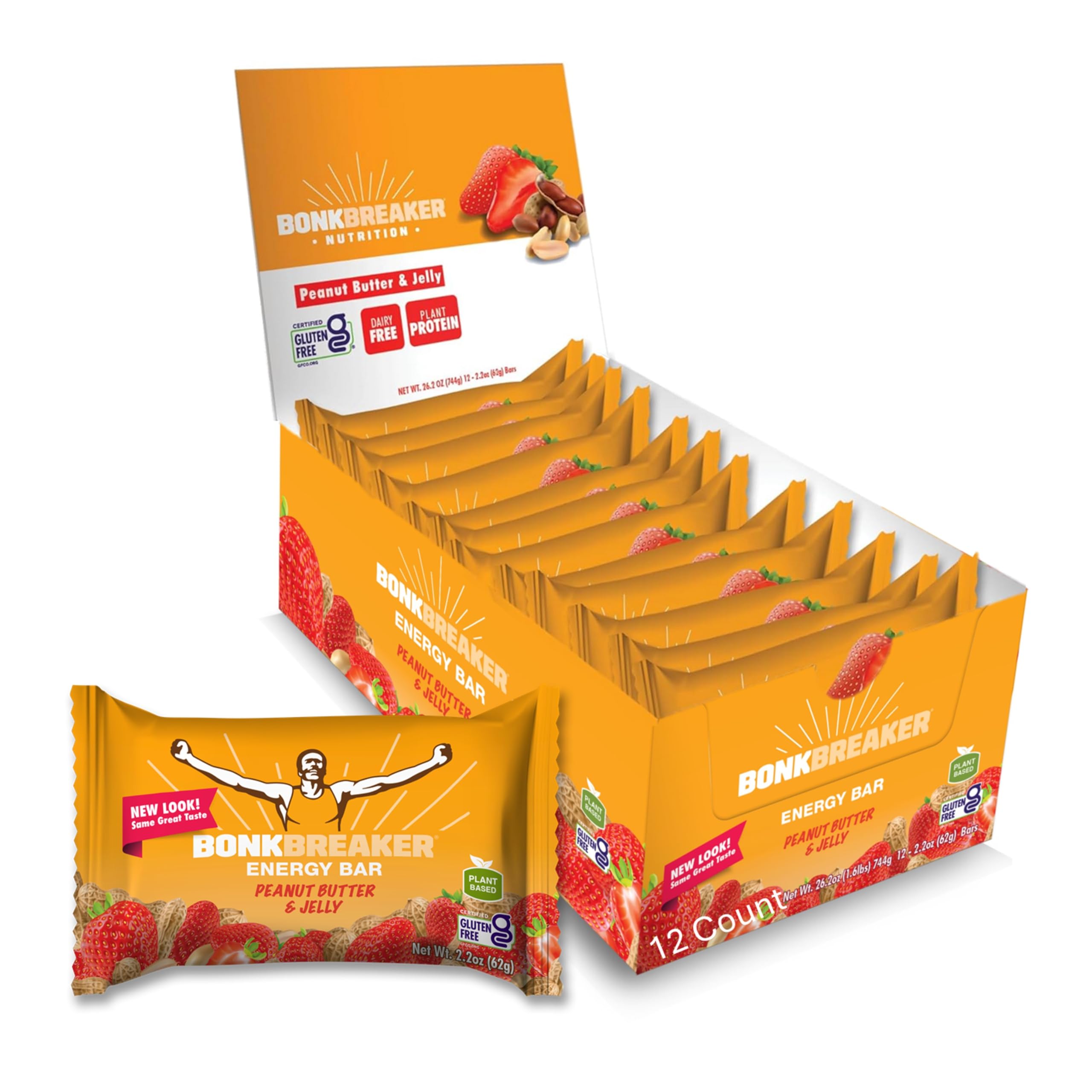 Bonk Breaker Gluten-Free Protein Energy Bar - Peanut Butter & Jelly Flavor, 8g Protein, 62g (12 Pack) | Healthy Snack for Hiking, Cycling & Post-Workout Recovery