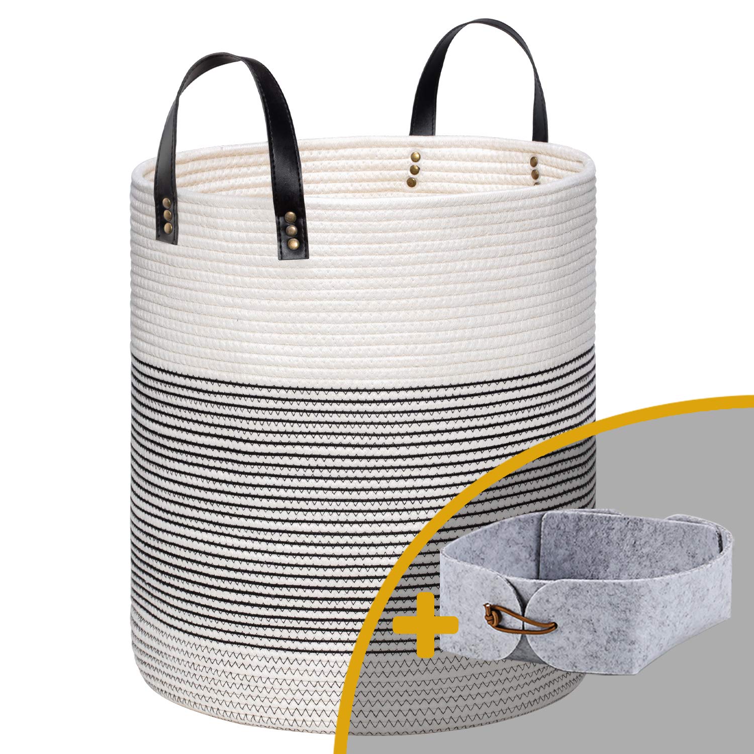 Large Woven Laundry Basket with Handle - 15x18 Inch White Rope Storage Basket for Baby Clothes, Blankets, Toys & Nursery Organization - Perfect for Living Room, Bedroom & Home Decor