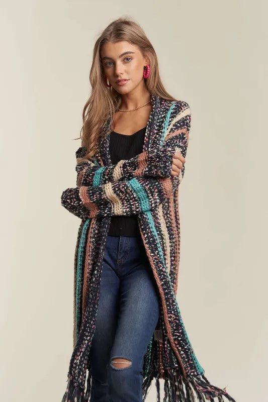 Stylish ADORA Multi-Color Long Fringe Cardigan Sweater for Women | Cozy Fall & Winter Layering | Perfect for Office, Casual Outings & Date Nights