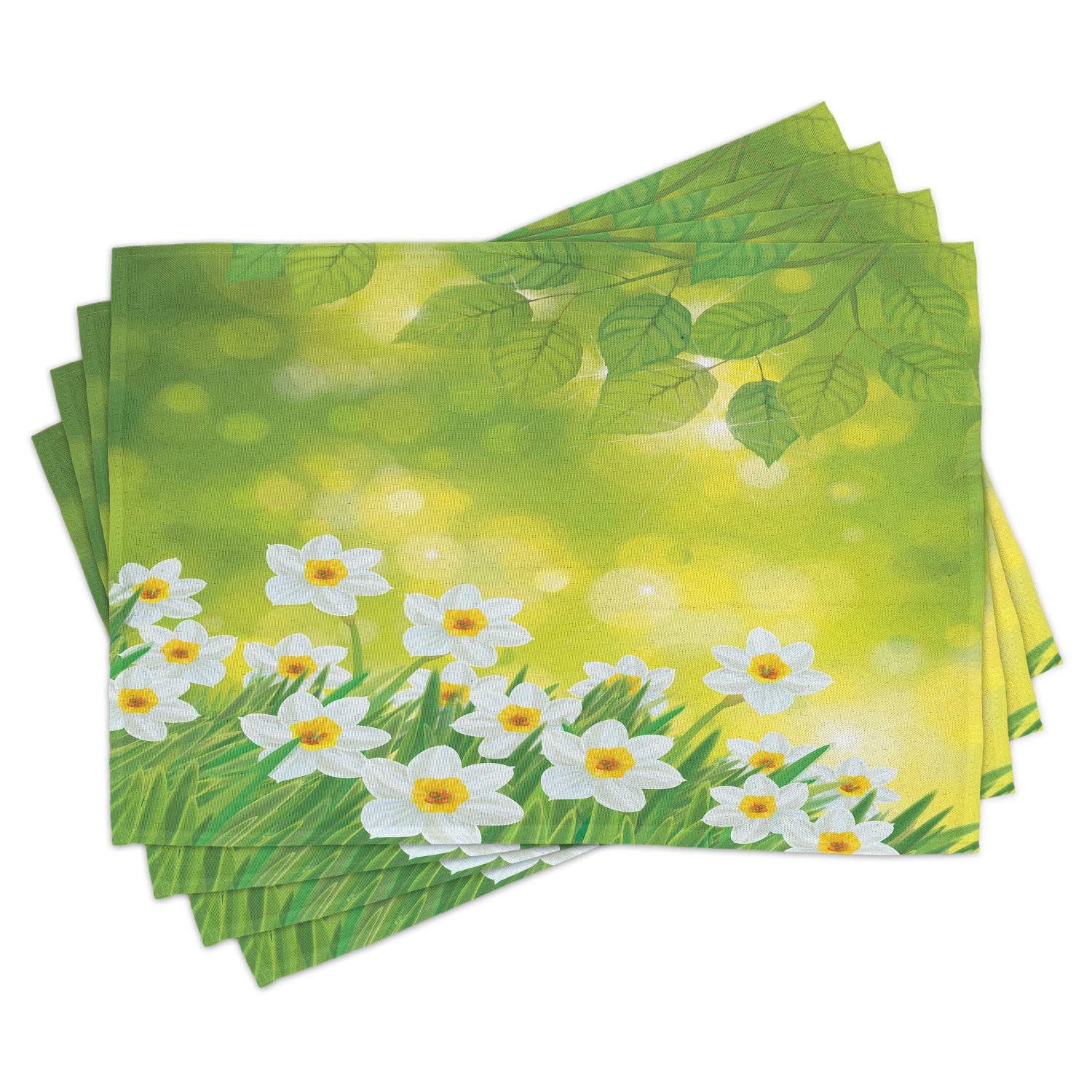 Ambesonne 4-Piece Daffodil Placemats Set - Vibrant Spring Floral Design with Tree Branch Leaves, Washable Fabric Table Mats for Dining Room Decor (Pale Green/Yellow) | Perfect for Easter Brunch, Spring Tablescapes & Seasonal Home Decor