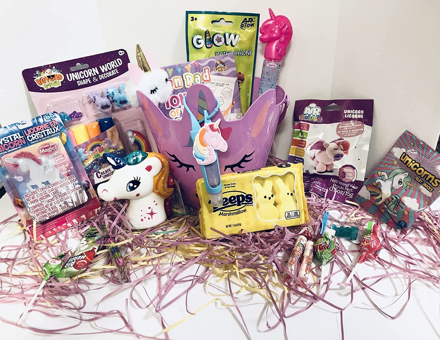 Happy Easter Purple Unicorn Basket - DIY Premade Easter Basket for Toddler Girls, Birthday Gift, Get Well Present, Party Favors with Candy Eggs - Perfect for Easter Celebrations, Birthday Parties & Gift Giving