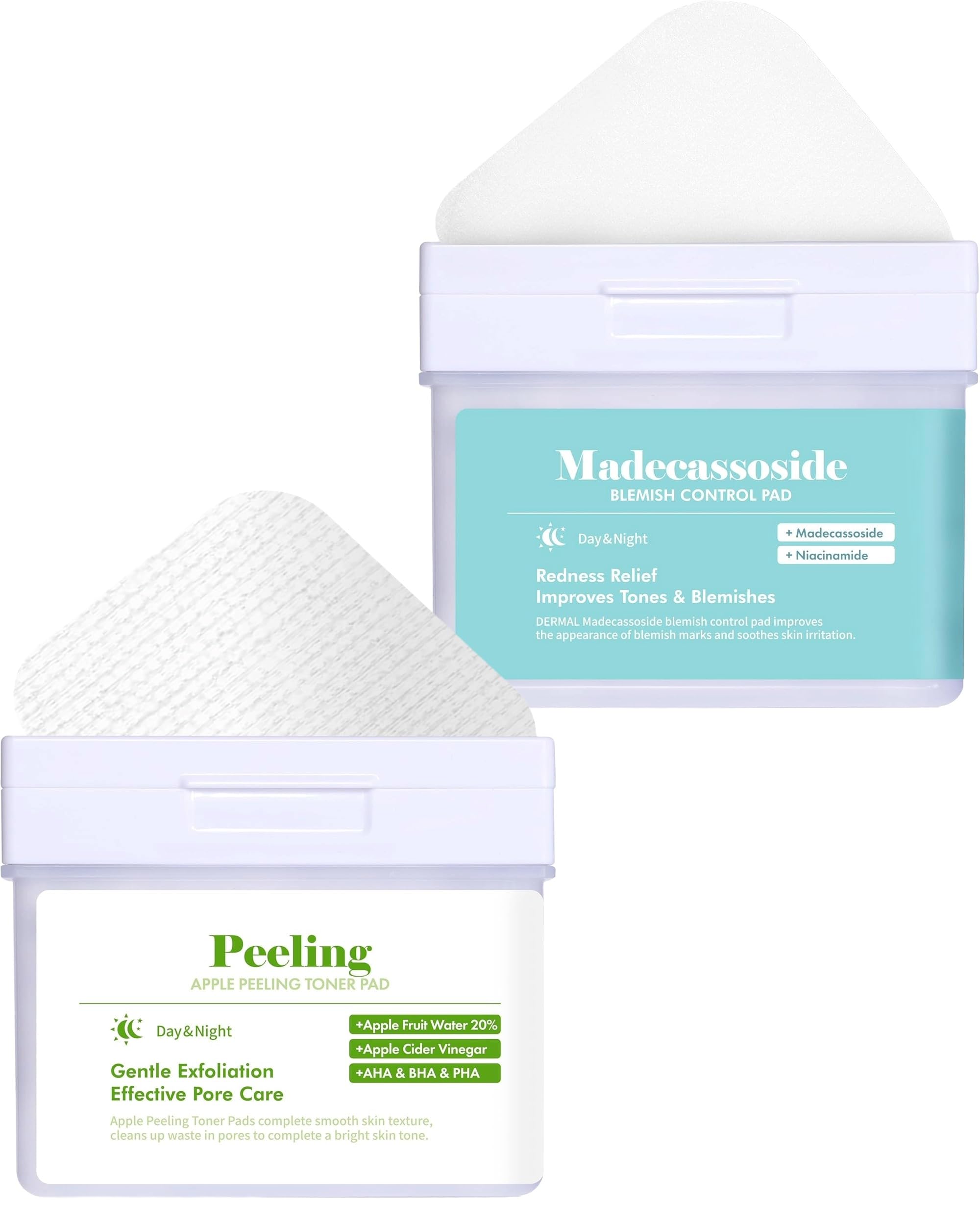 DERMAL Apple Peeling Toner Pads & Madecassoside Blemish Control Pads Bundle - Exfoliating & Acne Treatment for Clear Skin - Perfect for Daily Skincare Routine & Travel