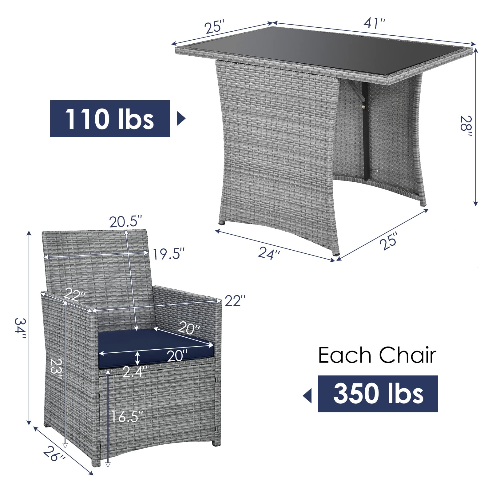Tangkula 3-Piece Outdoor Dining Set - PE Rattan Bistro Set with Tempered Glass Table & Cushioned Chairs - Space-Saving Patio Furniture for Garden, Backyard, Poolside, Porch - Perfect for Al Fresco Dining, Outdoor Entertaining & Relaxation