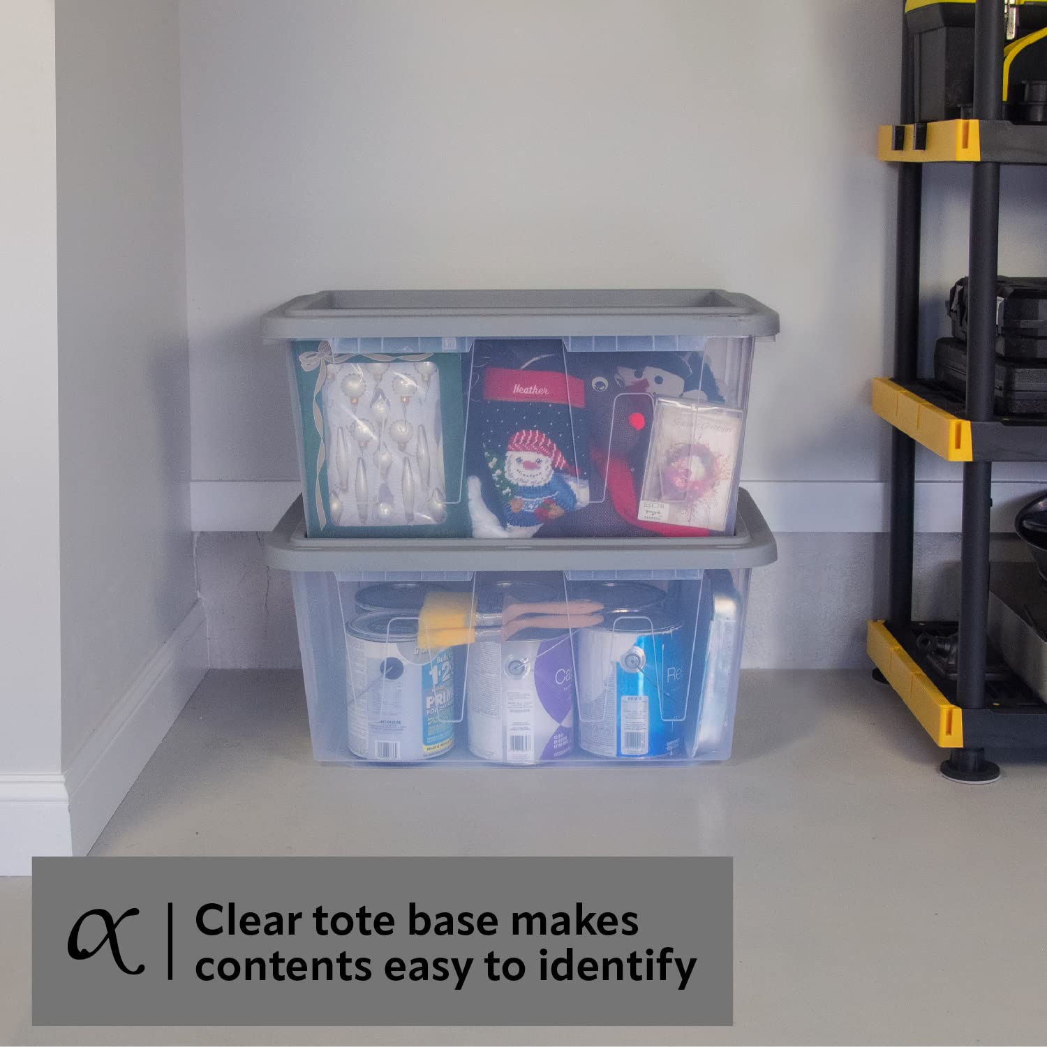 CX BLACK & YELLOW® 27-Gallon Heavy Duty Clear Storage Bins with Snap-Tight Lids (4 Pack) - Weatherproof Stackable Plastic Containers for Garage Organization, Home Storage & Moving Supplies (14.3