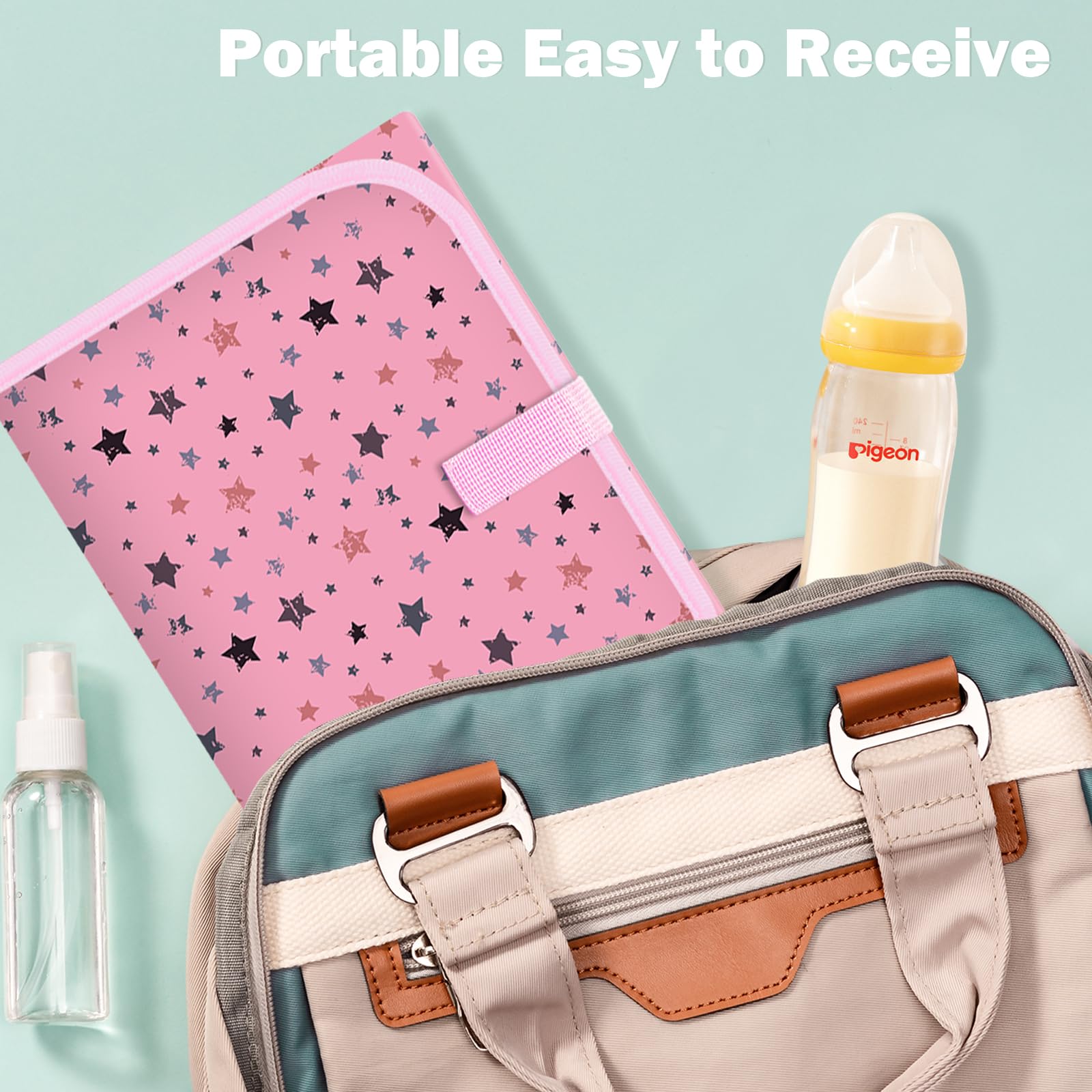 Portable Baby Diaper Changing Pad - Foldable Travel Changing Mat with Built-in Pillow, Waterproof Compact Diaper Station for Newborns & Infants | Nursery, On-the-Go, Baby Shower Gift (Pink Star)