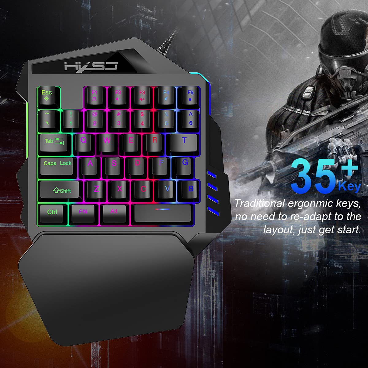 35-Key One-Handed Mechanical Gaming Keyboard with LED Backlight & Wrist Rest - USB Wired for LOL, PUBG, PC/Mac/Windows - Perfect for Esports, MMO & FPS Gaming