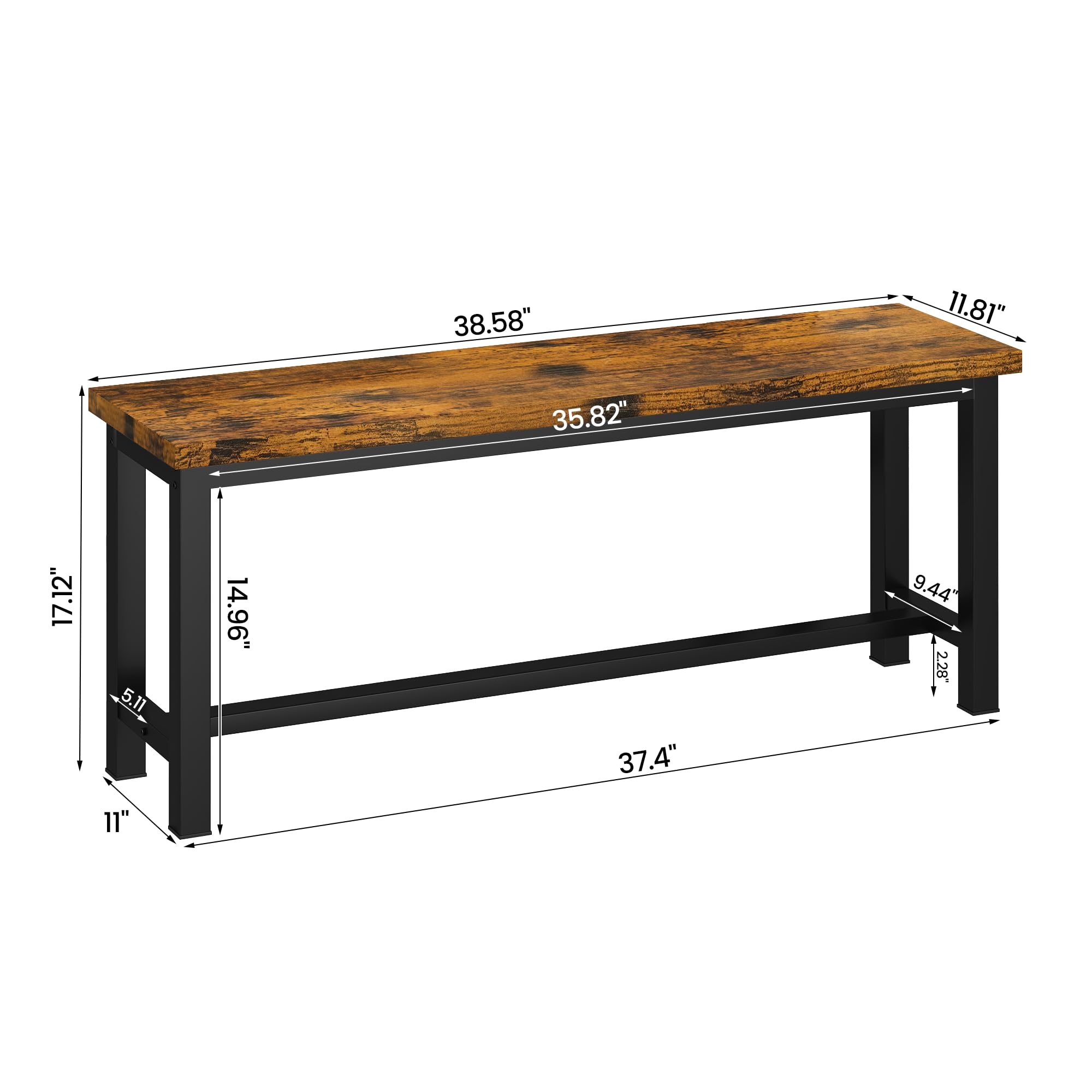 DKLGG 39 Inch Rustic Brown Dining Benches Set of 2 - Industrial Metal Leg Kitchen & Entryway Benches for Living Room, Bedroom, Dining Area - Durable & Stable Wooden Seating for Home Decor & Small Space Solutions