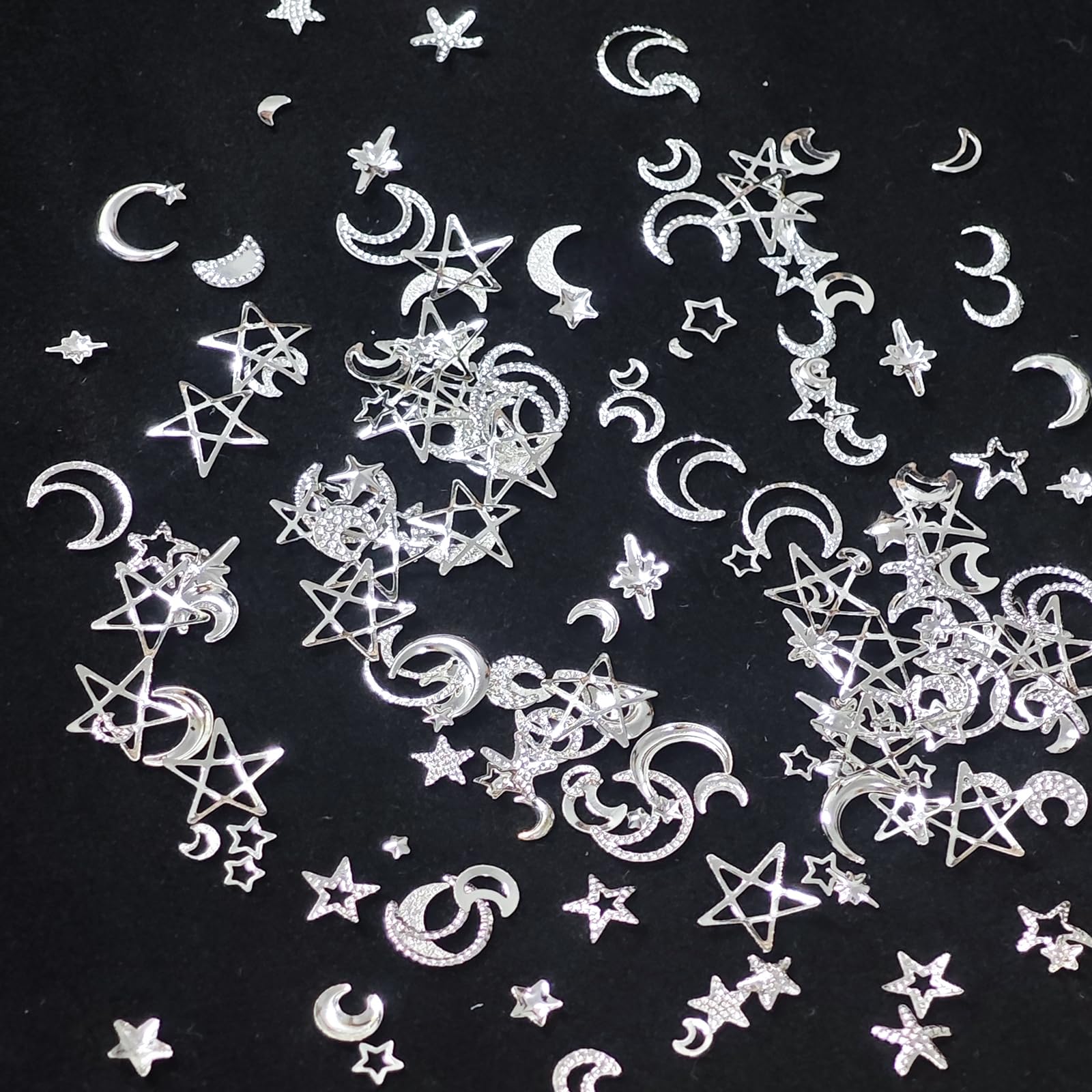 HYWWPFLA Silver 3D Nail Charms - Mixed Size Star & Moon Metal Studs for DIY Nail Art | Manicure Decoration Accessories | Perfect for Nail Salons, Home Manicures & Creative Nail Designs