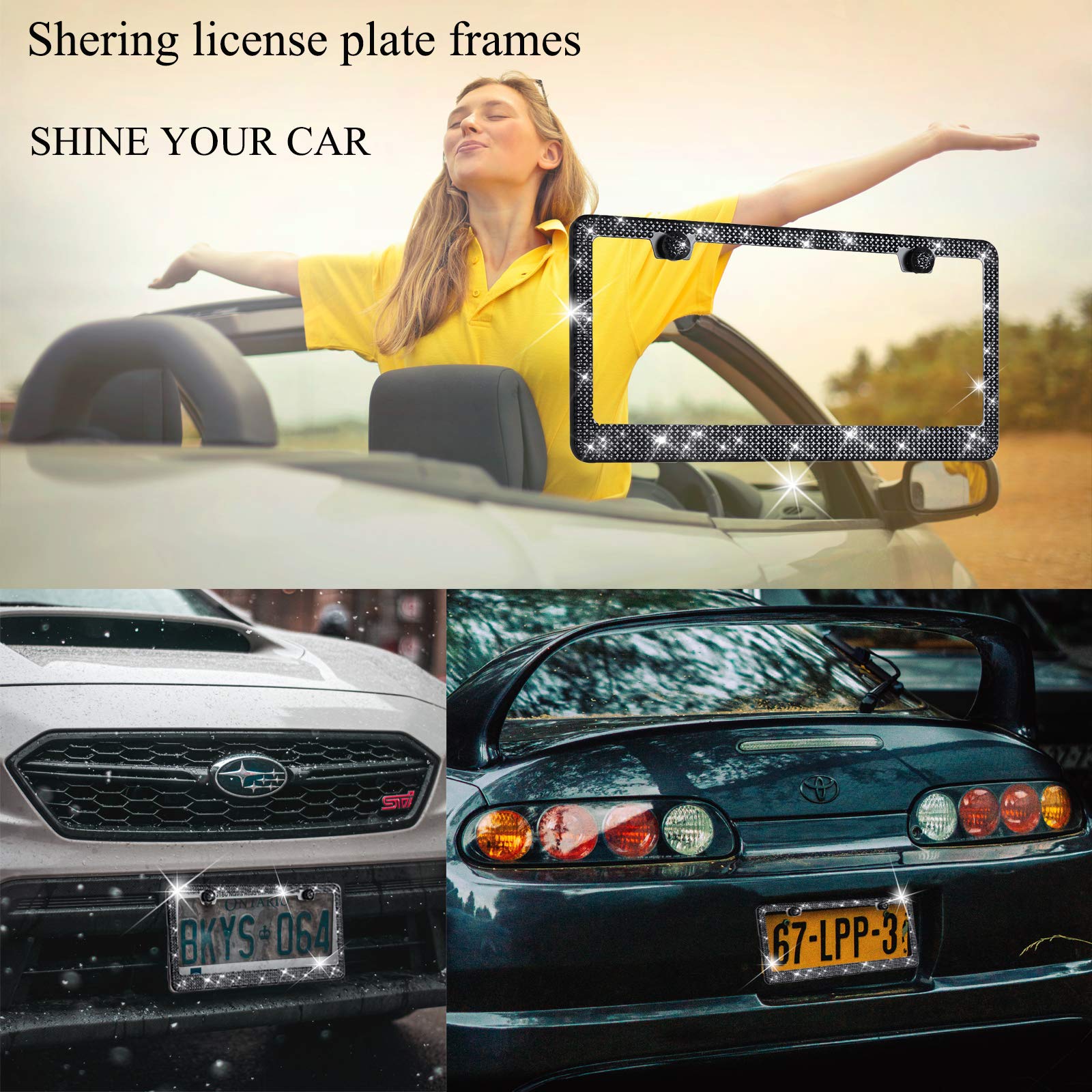 Sparkly Glitter License Plate Frame with Rhinestone Crystals - 1 Pack Bedazzled Car Accessory for Women, Party & Birthday Gift - Perfect for Night Out, Car Shows & Glamorous Vehicle Customization (Black)