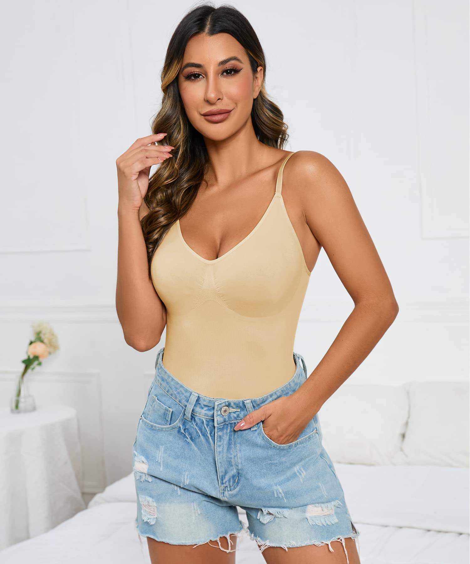 Hioffer Women's Tummy Control Shapewear Bodysuit - Seamless Slimming Full Body Shaper with V-Neck for Everyday Wear, Special Occasions & Postpartum Recovery